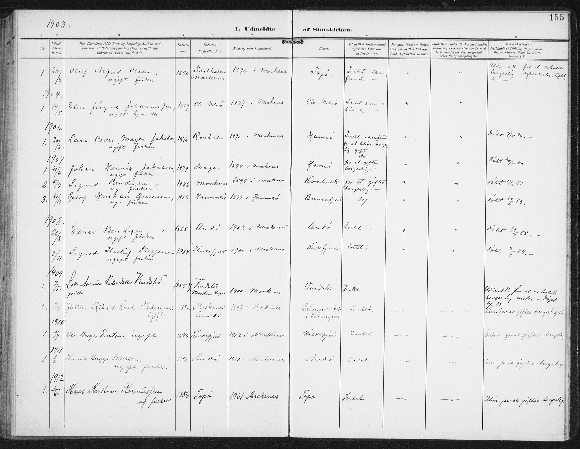 Ministerialprotokoller, klokkerbøker og fødselsregistre - Nordland, SAT/A-1459/886/L1221: Parish register (official) no. 886A03, 1903-1913, p. 155