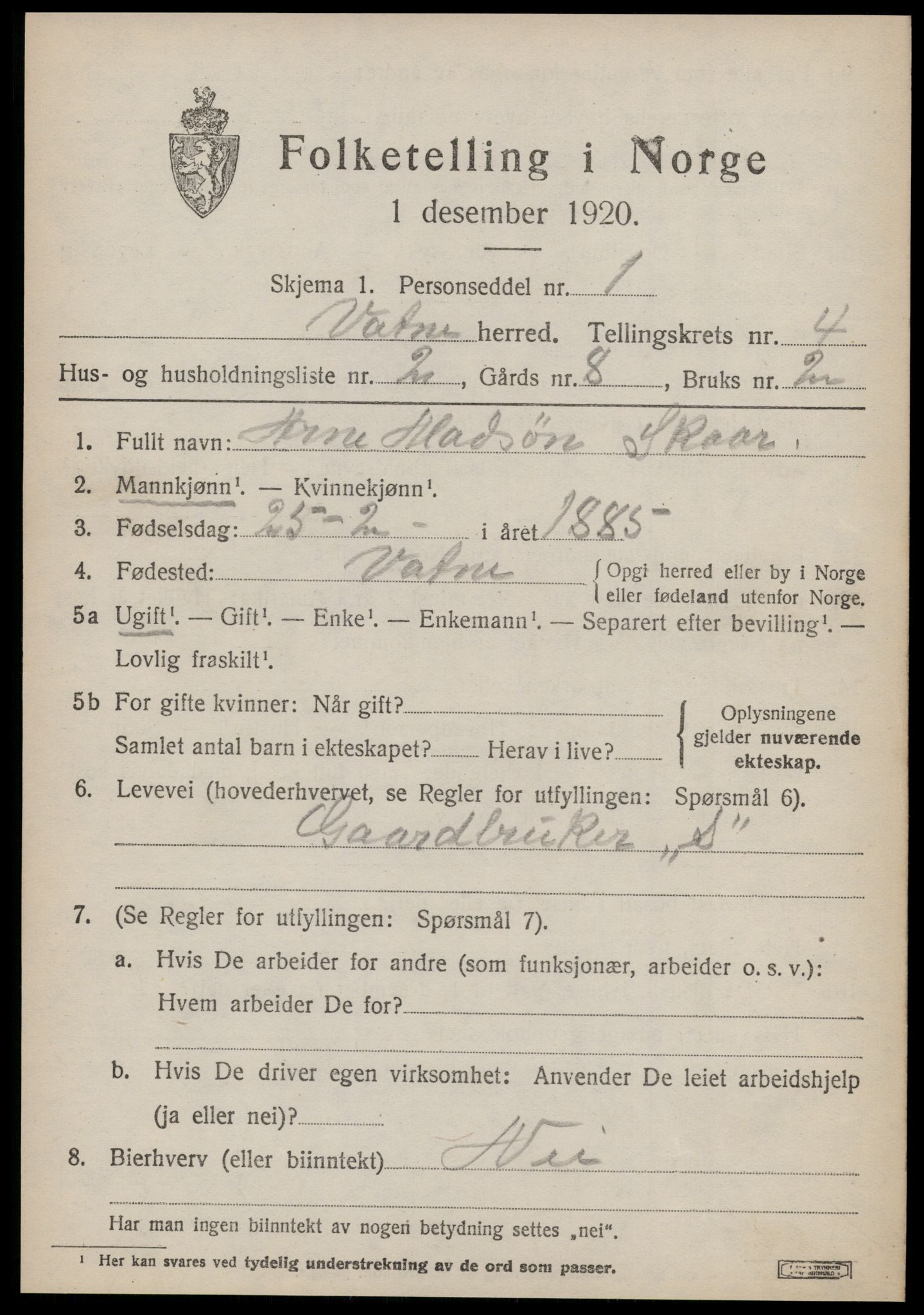SAT, 1920 census for Vatne, 1920, p. 1828