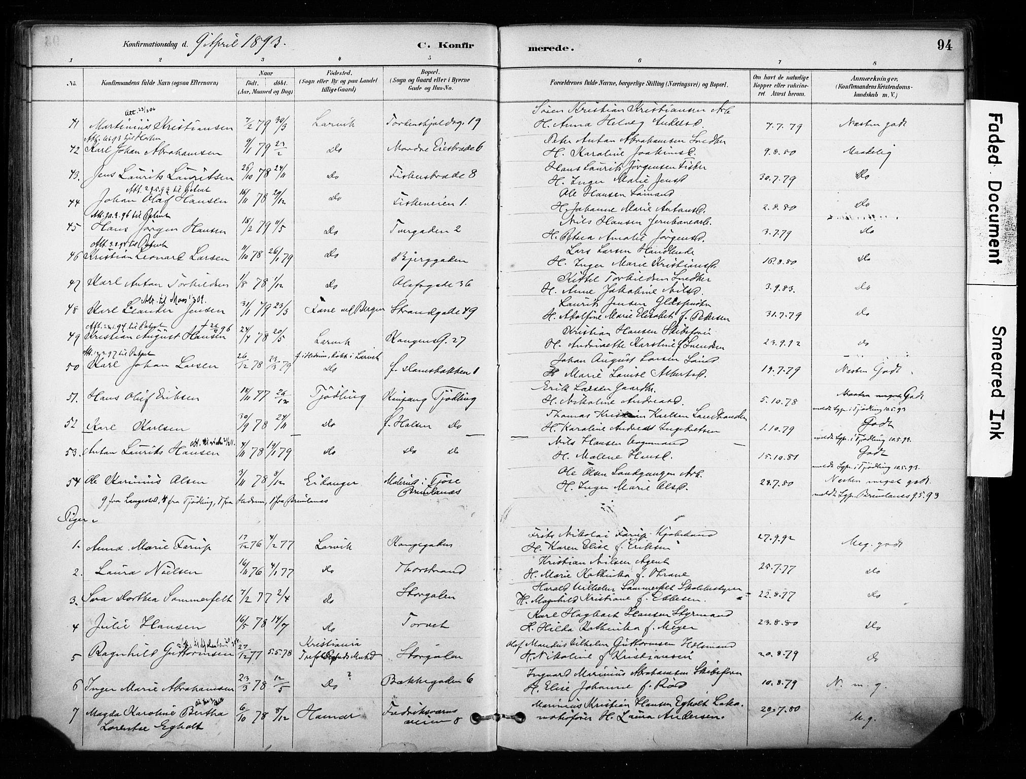 Larvik kirkebøker, AV/SAKO-A-352/F/Fa/L0008: Parish register (official) no. I 8, 1884-1902, p. 94