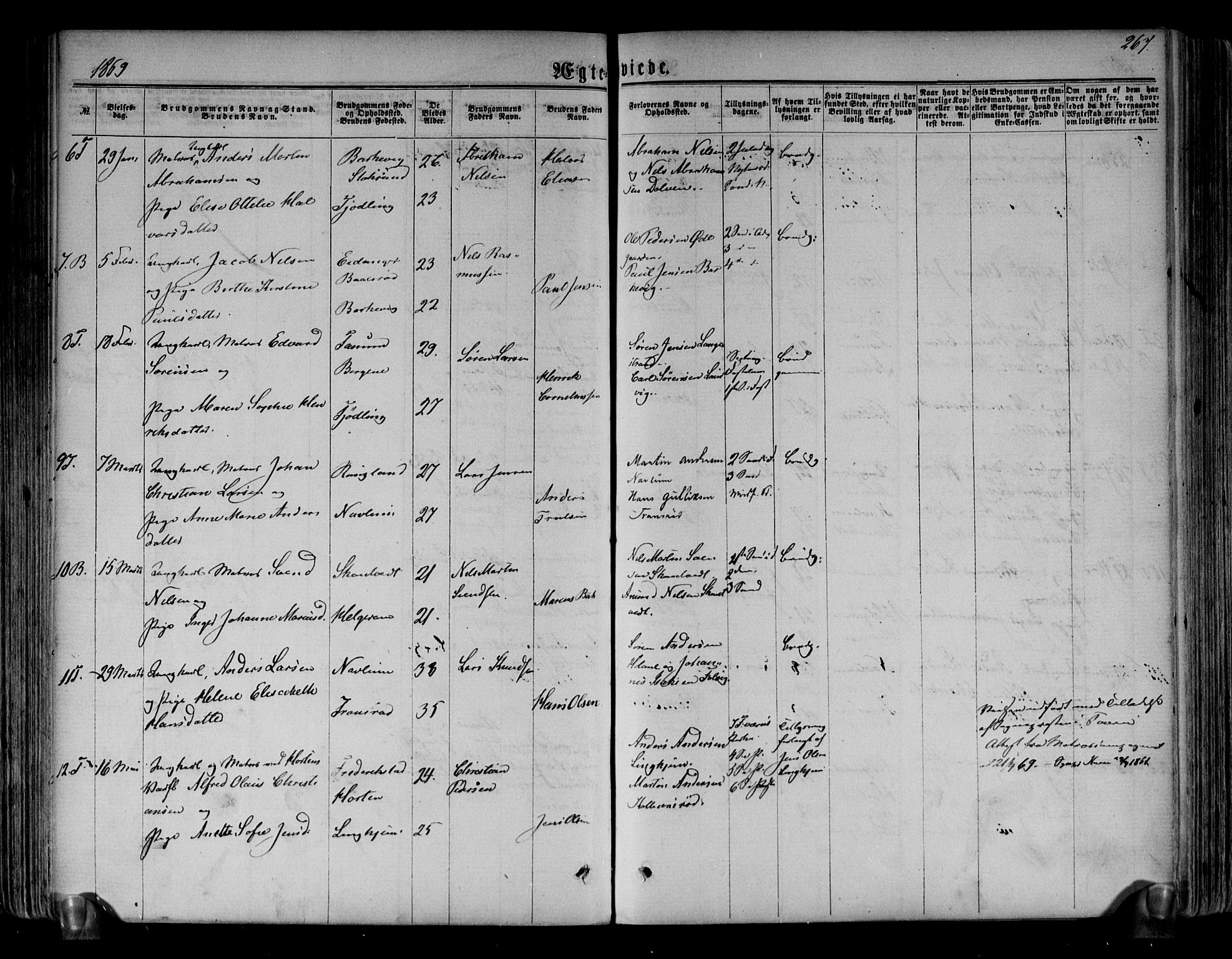 Brunlanes kirkebøker, SAKO/A-342/F/Fa/L0005: Parish register (official) no. I 5, 1862-1877, p. 267
