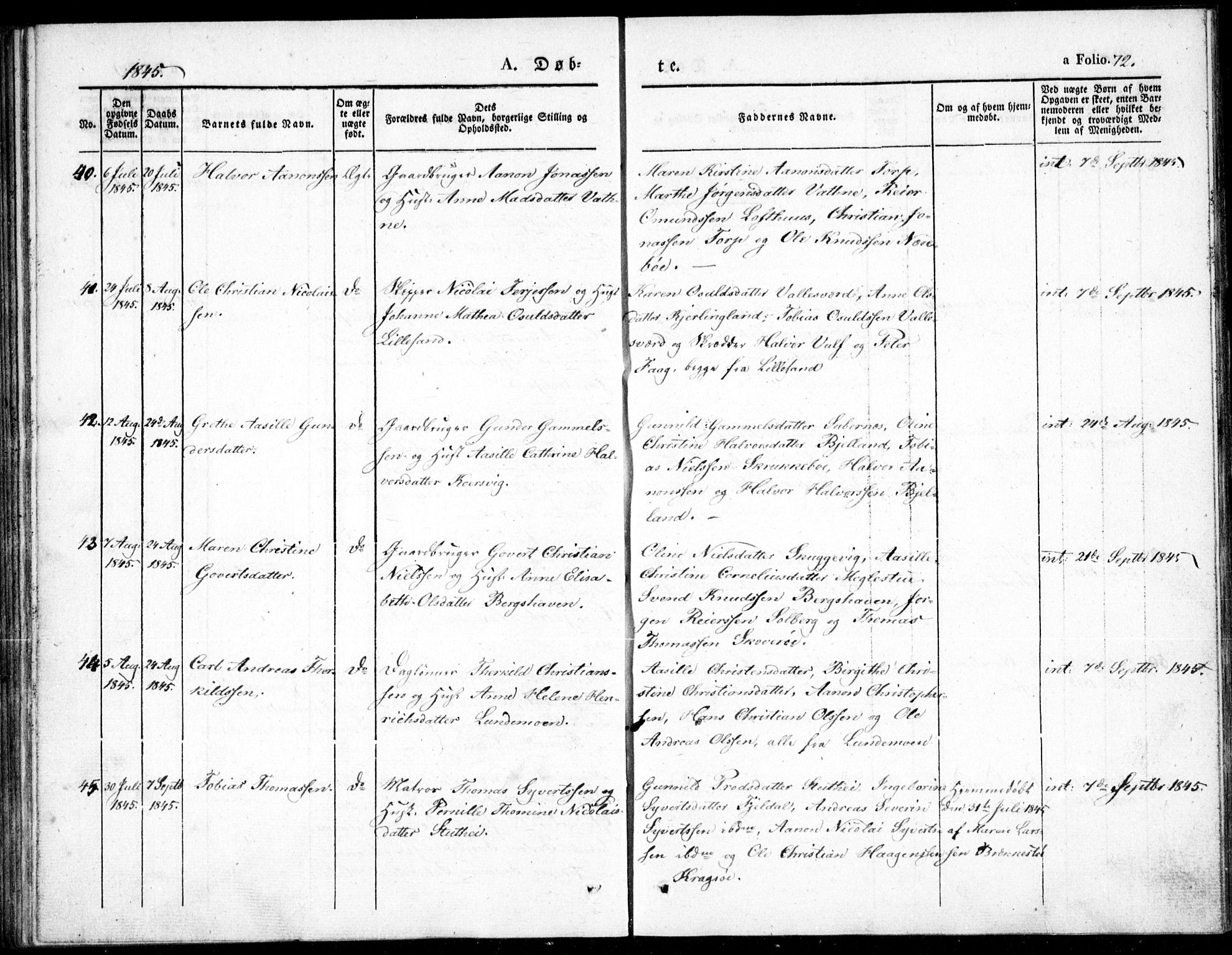 Vestre Moland sokneprestkontor, AV/SAK-1111-0046/F/Fb/Fbb/L0002: Parish register (copy) no. B 2, 1836-1851, p. 72