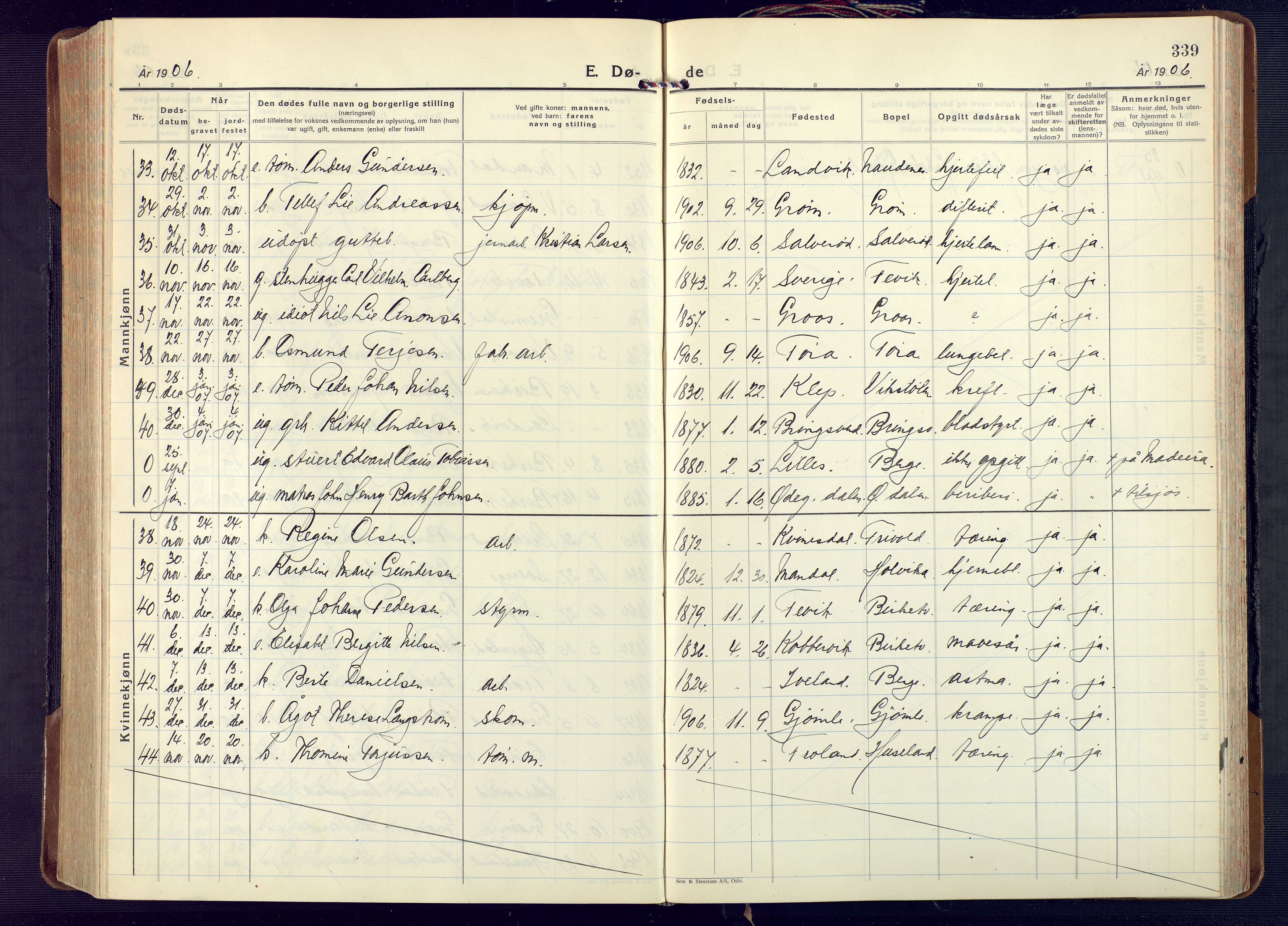 Fjære sokneprestkontor, AV/SAK-1111-0011/F/Fa/L0004: Parish register (official) no. A 4, 1902-1925, p. 339