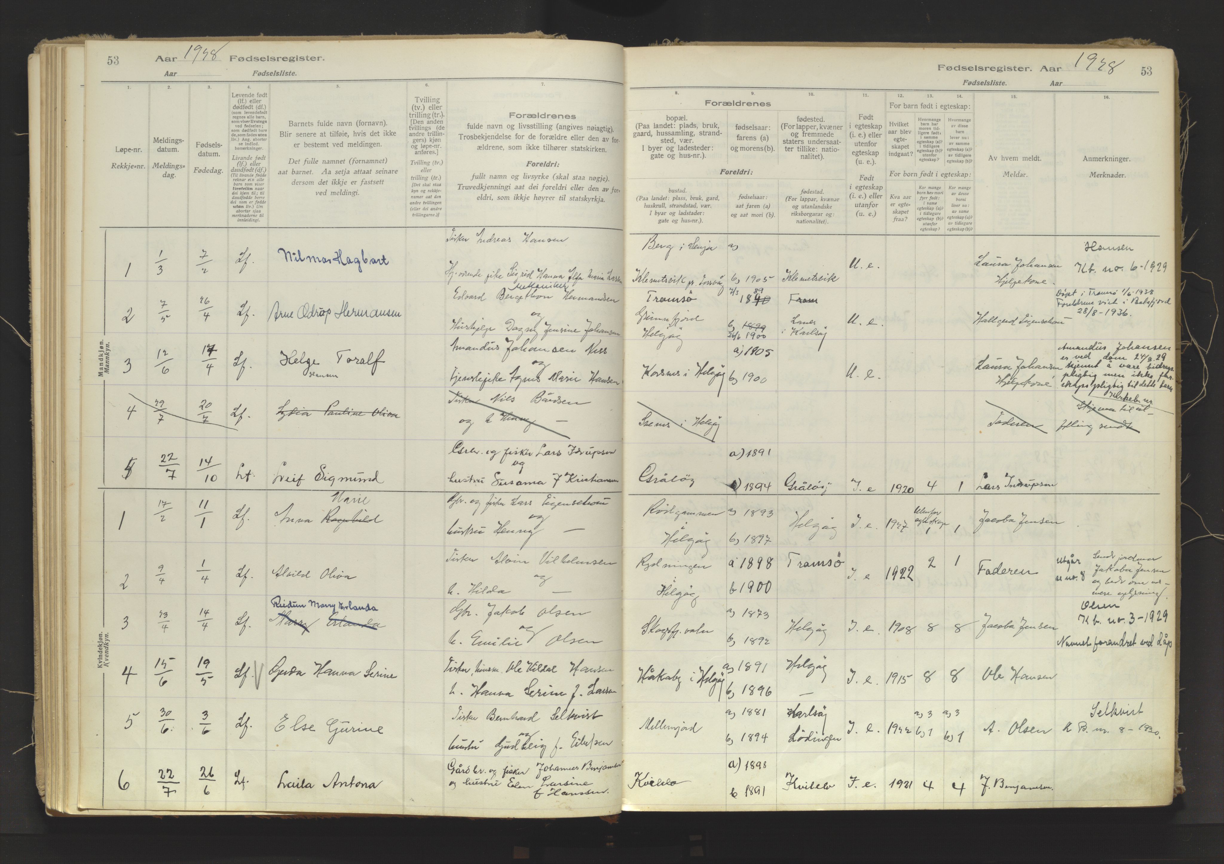 Karlsøy sokneprestembete, AV/SATØ-S-1299/I/Ic/L0067: Birth register no. 67, 1916-1958, p. 53