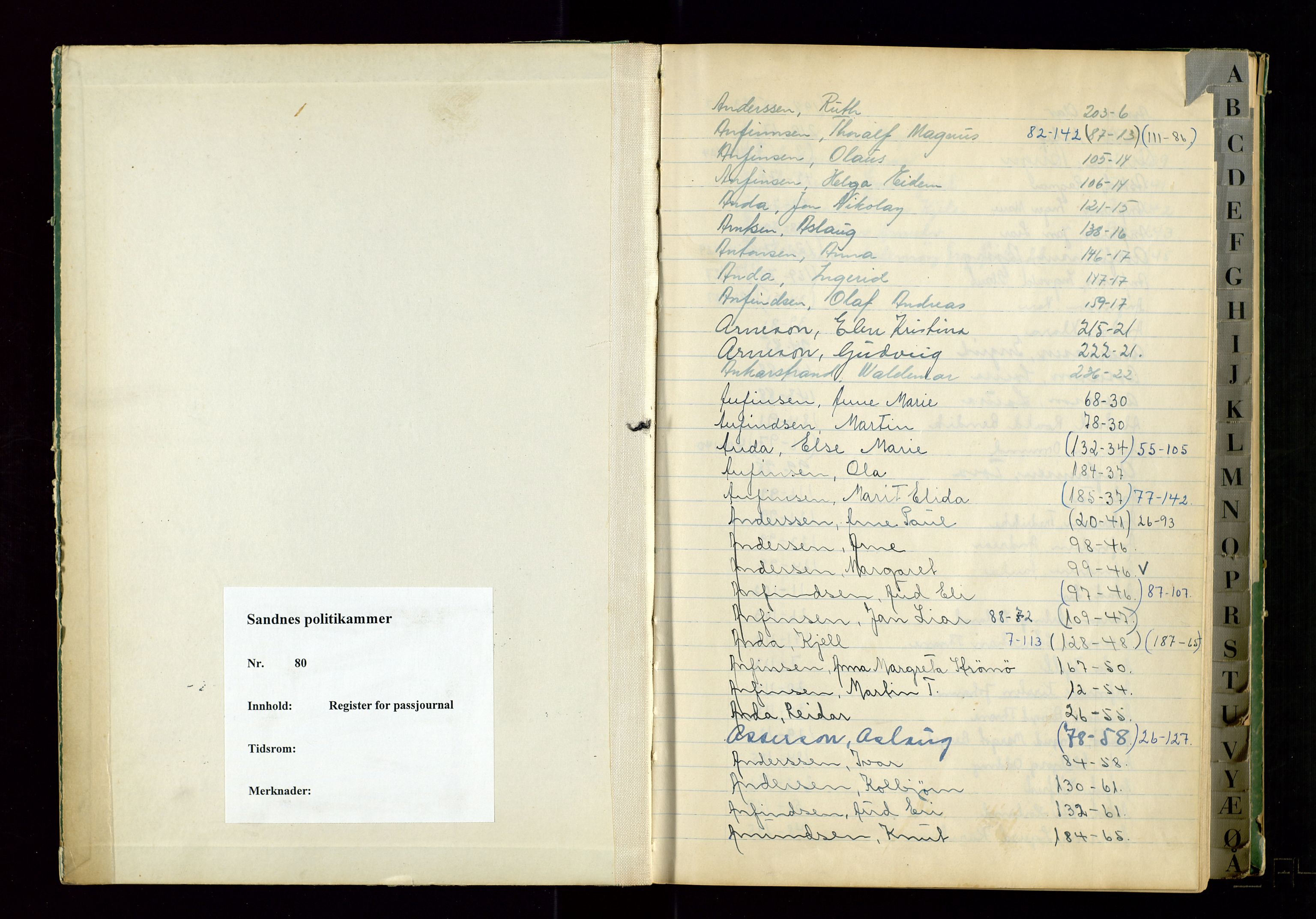 Sandnes politikammer, AV/SAST-A-100446/K/L0001: Register for passjournal, 1919-1962, p. 2