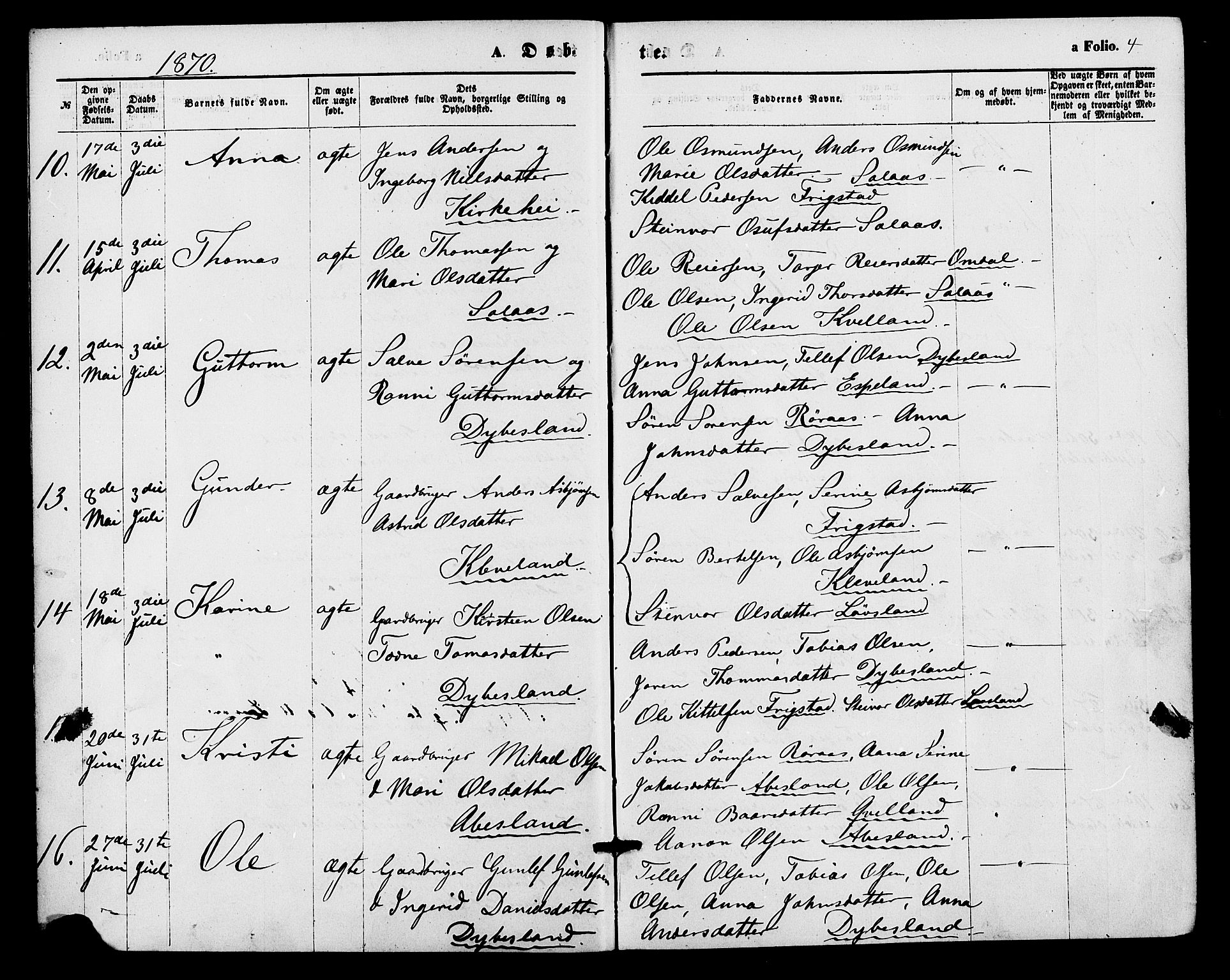 Bjelland sokneprestkontor, AV/SAK-1111-0005/F/Fa/Fab/L0003: Parish register (official) no. A 3, 1870-1887, p. 4