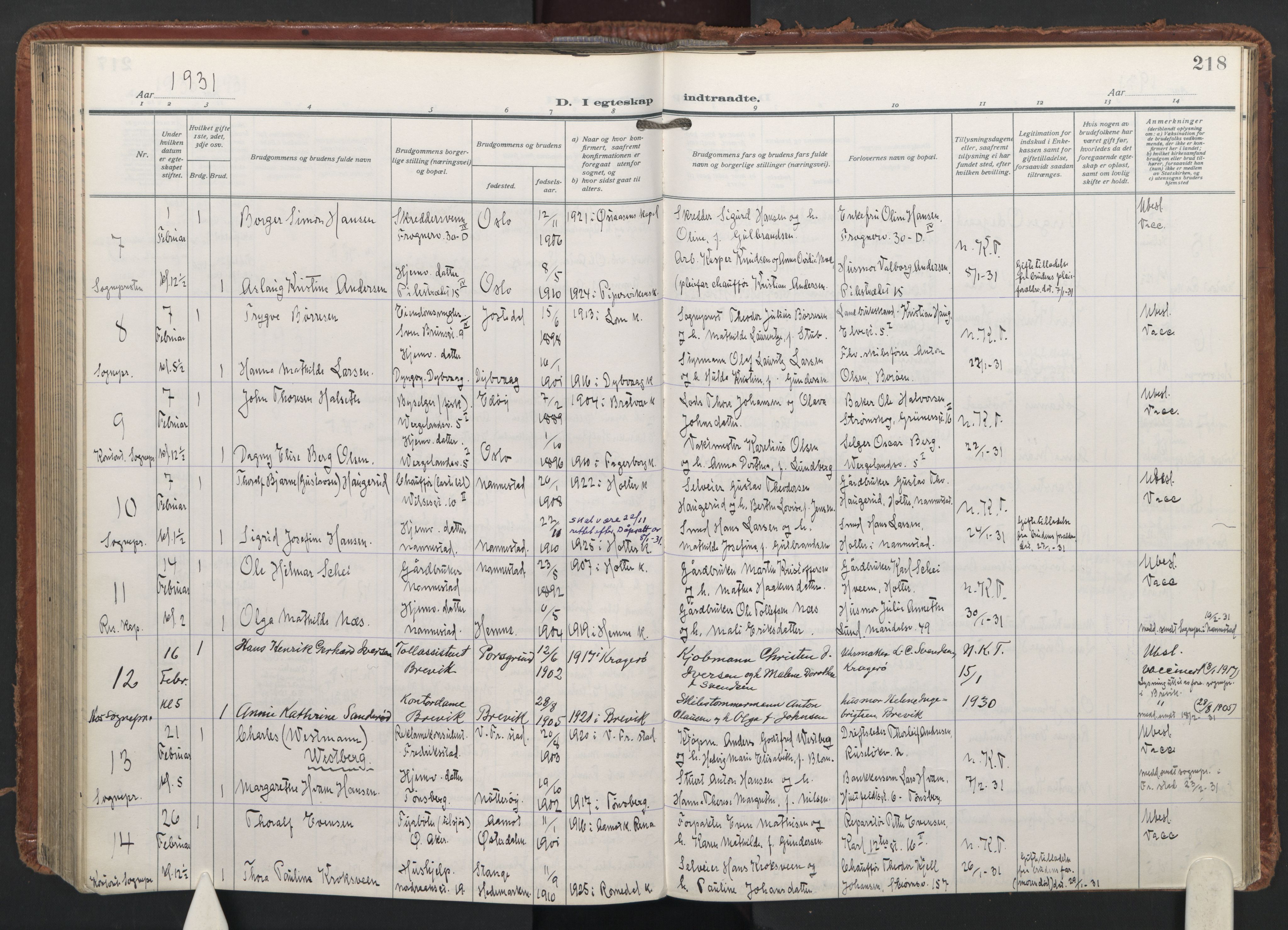 Trefoldighet prestekontor Kirkebøker, AV/SAO-A-10882/F/Fc/L0009: Parish register (official) no. III 9, 1922-1936, p. 218