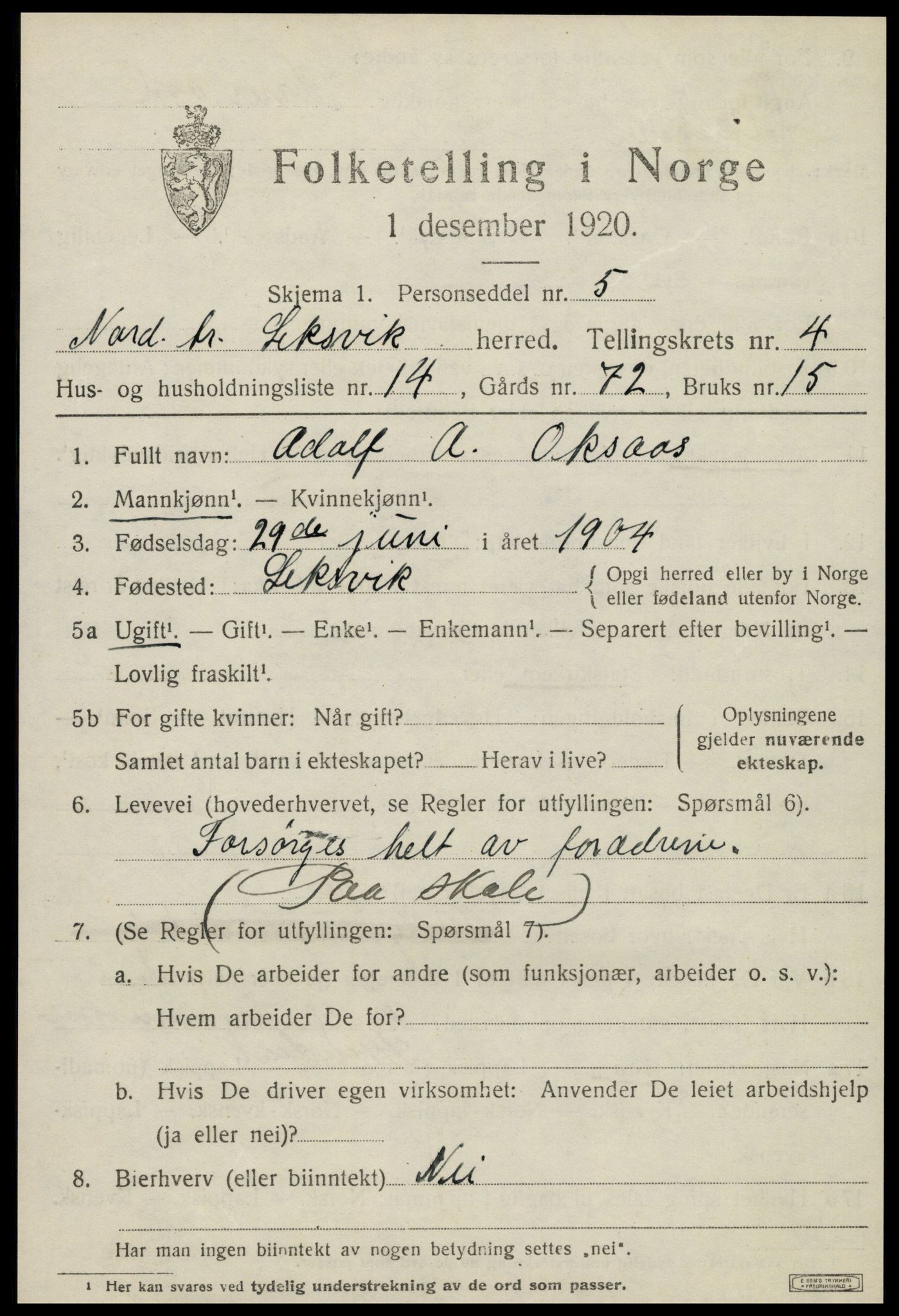 SAT, 1920 census for Leksvik, 1920, p. 3670