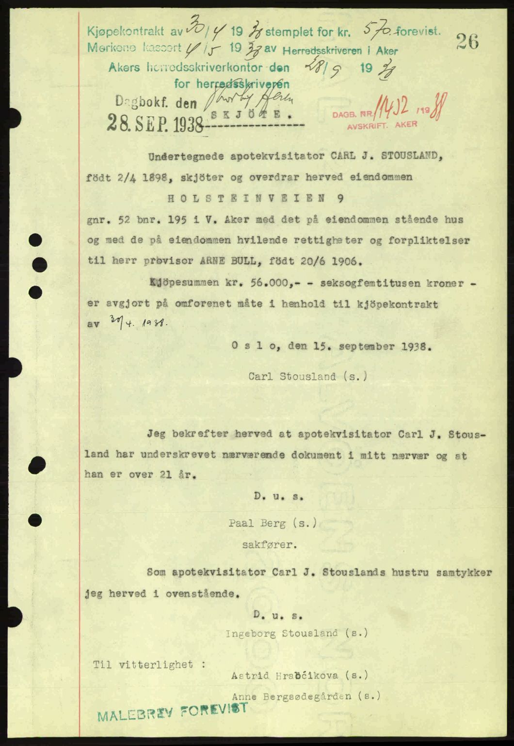 Aker herredsskriveri, SAO/A-10896/G/Gb/Gba/Gbab/L0025: Mortgage book no. A154-155, 1938-1938, Diary no: : 11432/1938
