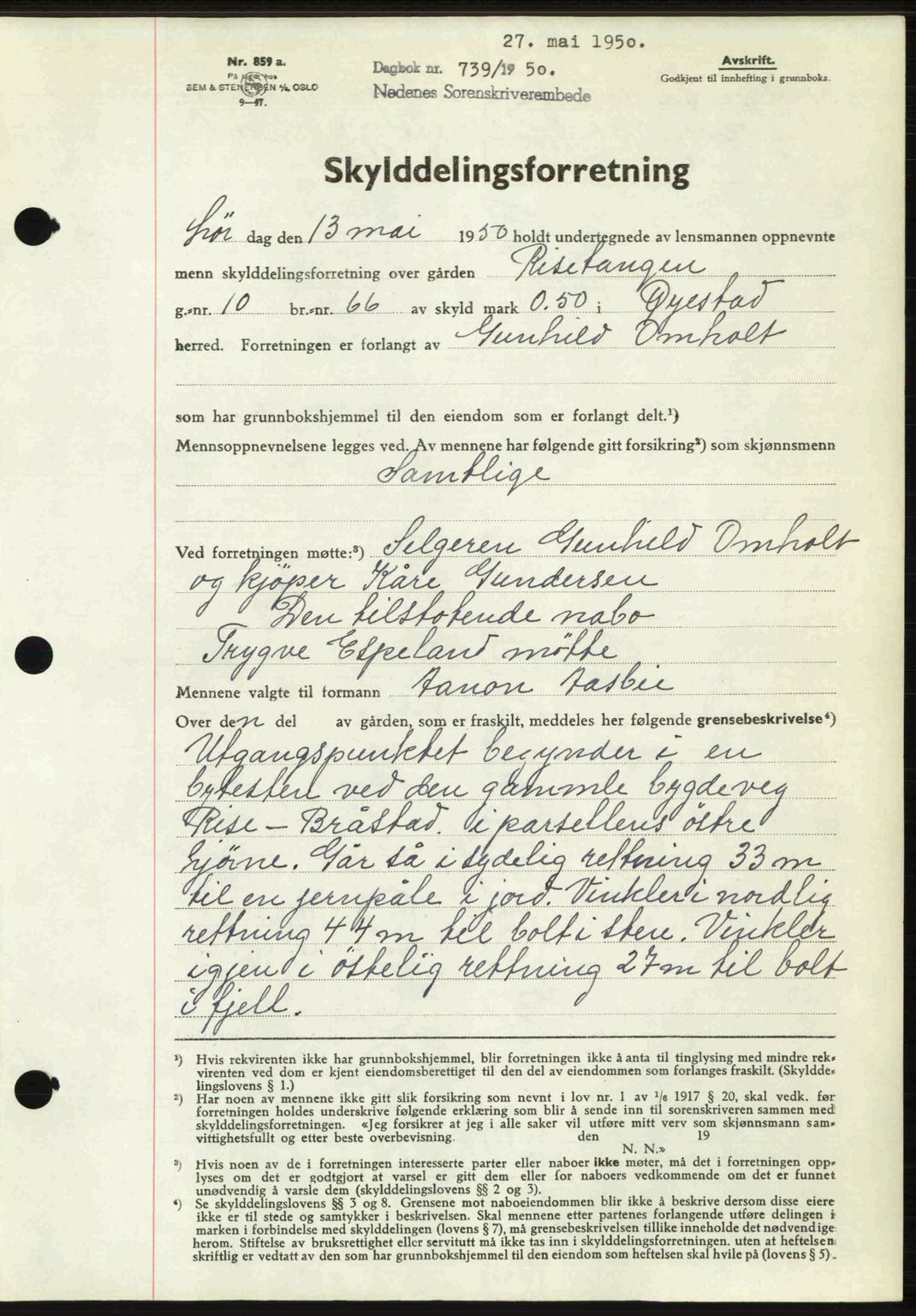 Nedenes sorenskriveri, AV/SAK-1221-0006/G/Gb/Gba/L0062: Mortgage book no. A14, 1949-1950, Diary no: : 739/1950