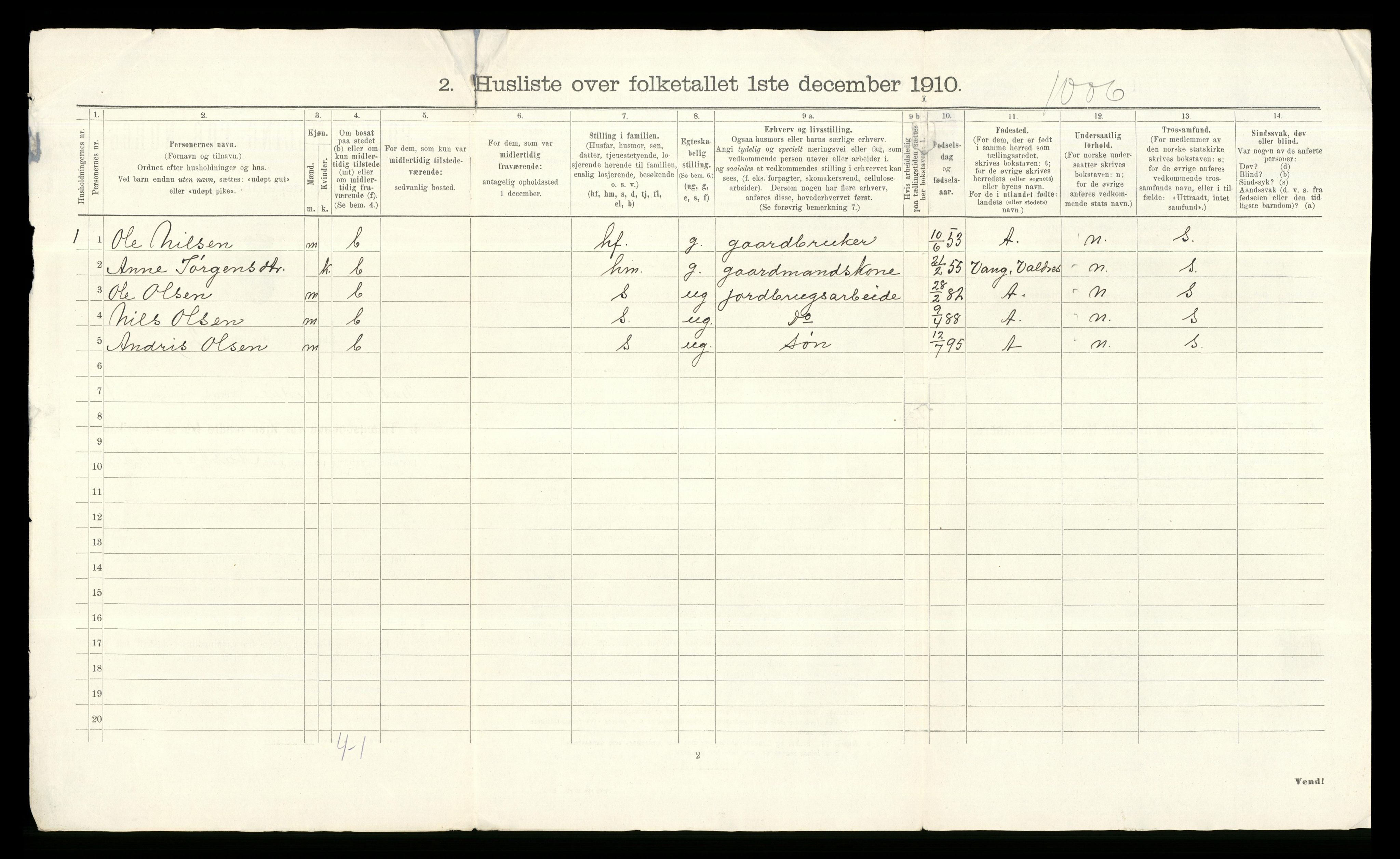 RA, 1910 census for Vestre Slidre, 1910, p. 48