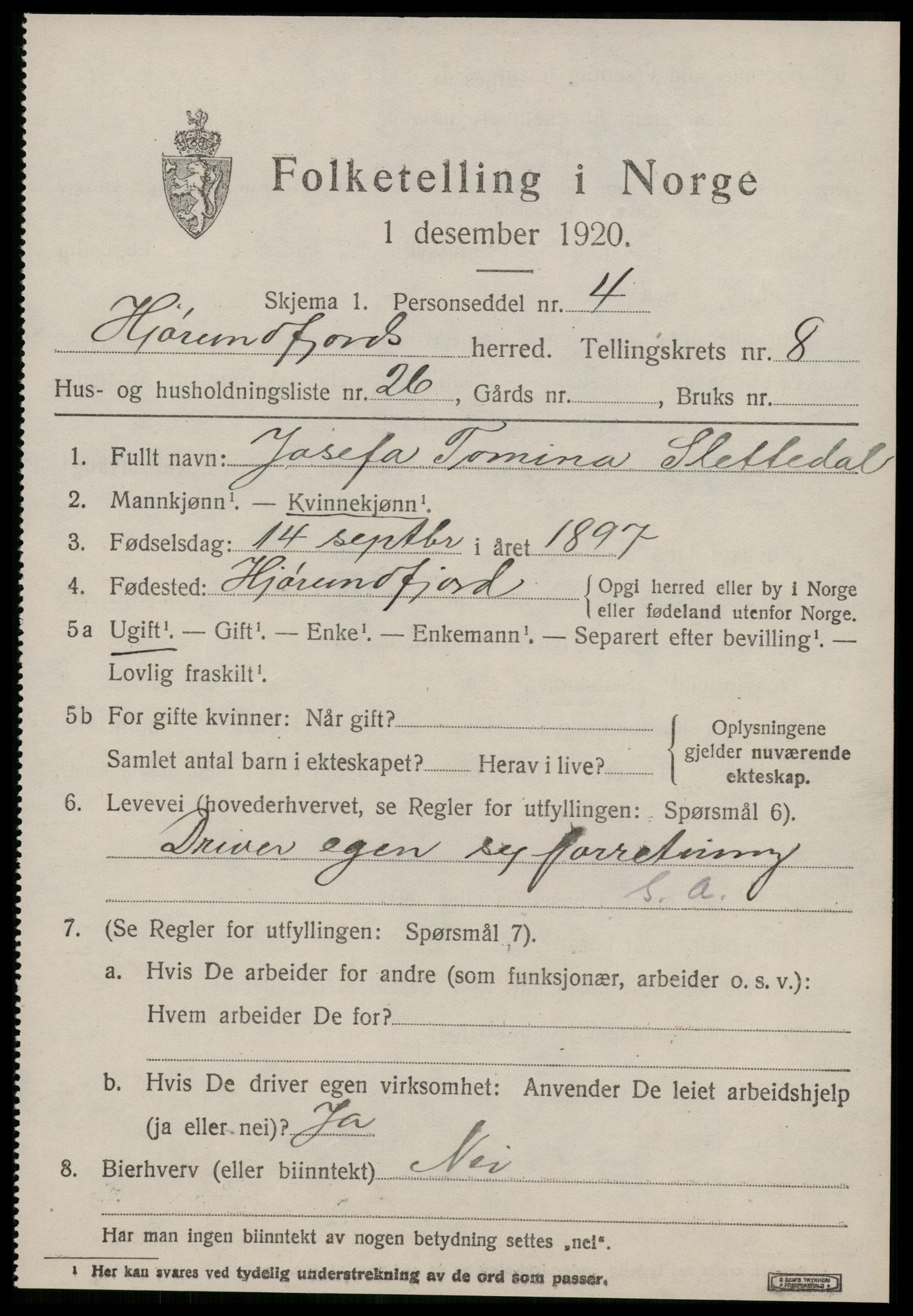 SAT, 1920 census for Hjørundfjord, 1920, p. 3215