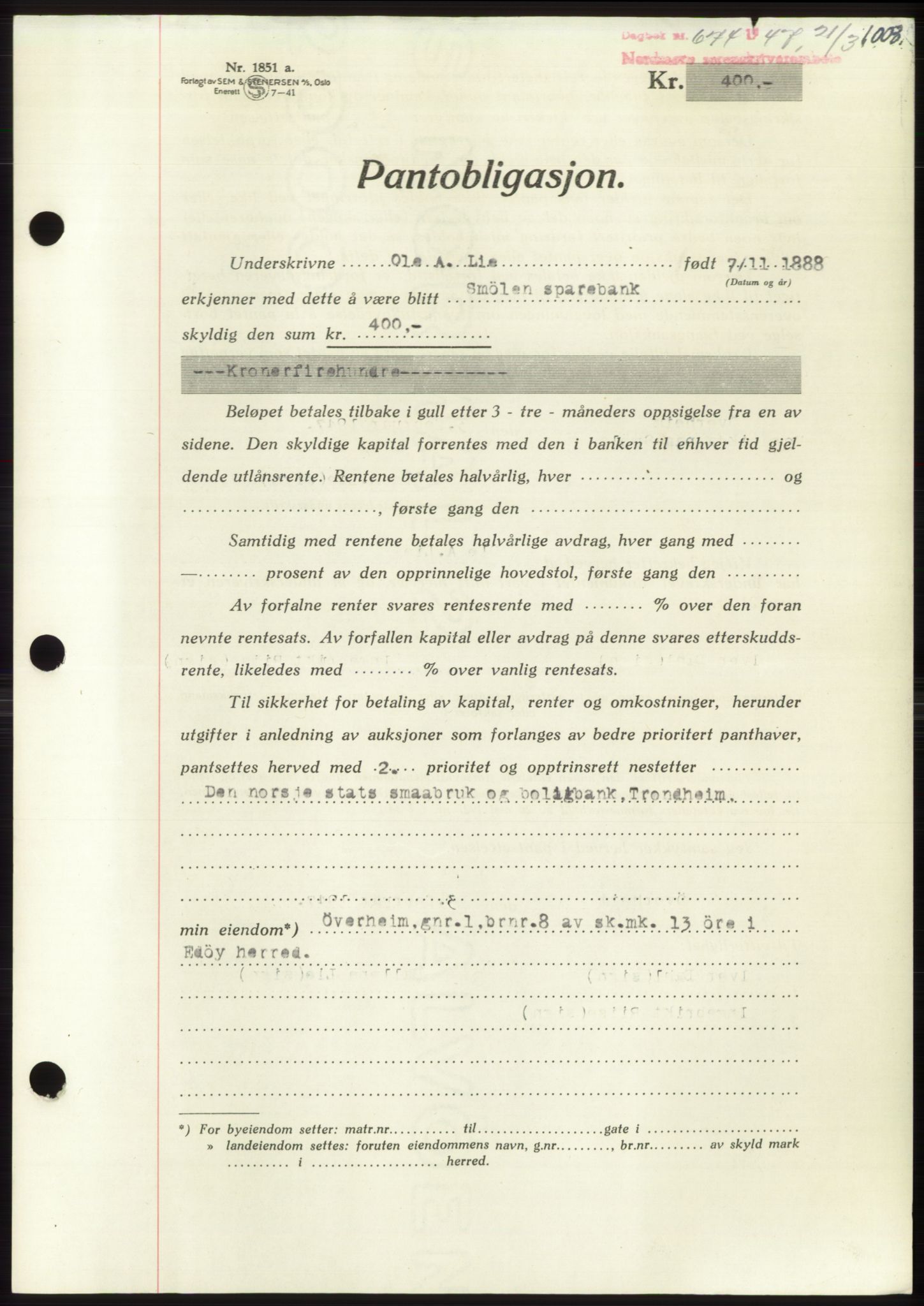 Nordmøre sorenskriveri, AV/SAT-A-4132/1/2/2Ca: Mortgage book no. B95, 1946-1947, Diary no: : 674/1947