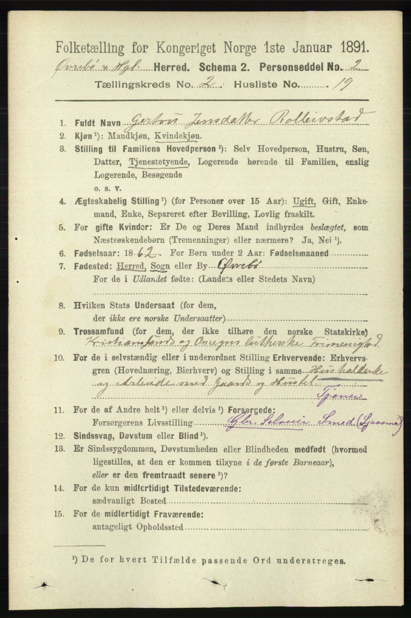 RA, 1891 census for 1016 Øvrebø og Hægeland, 1891, p. 421