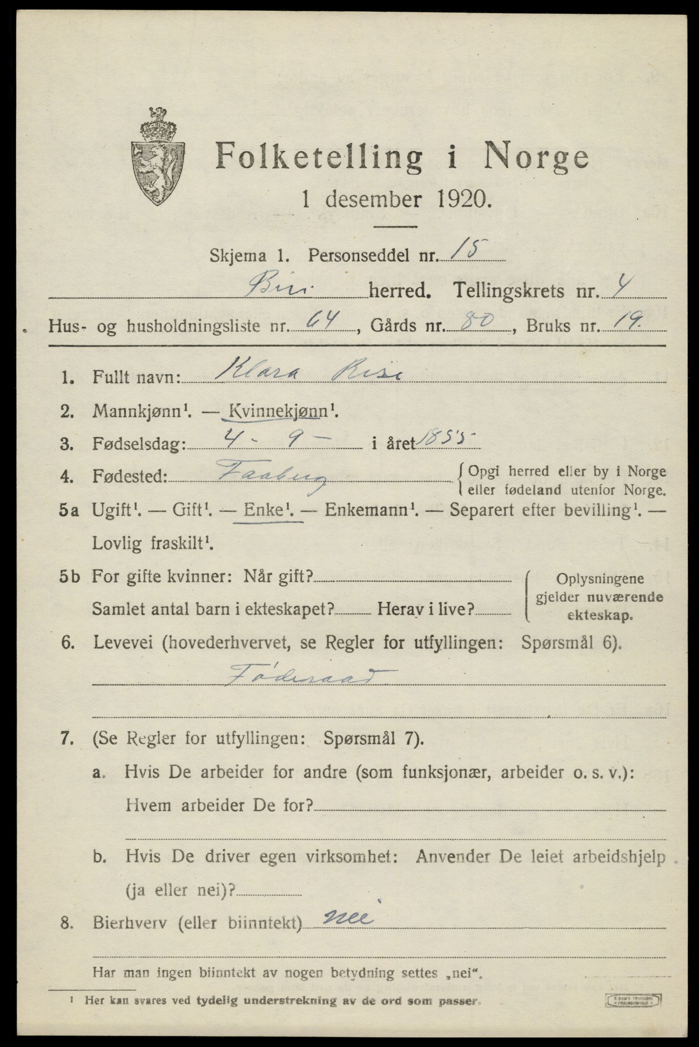 SAH, 1920 census for Biri, 1920, p. 3811