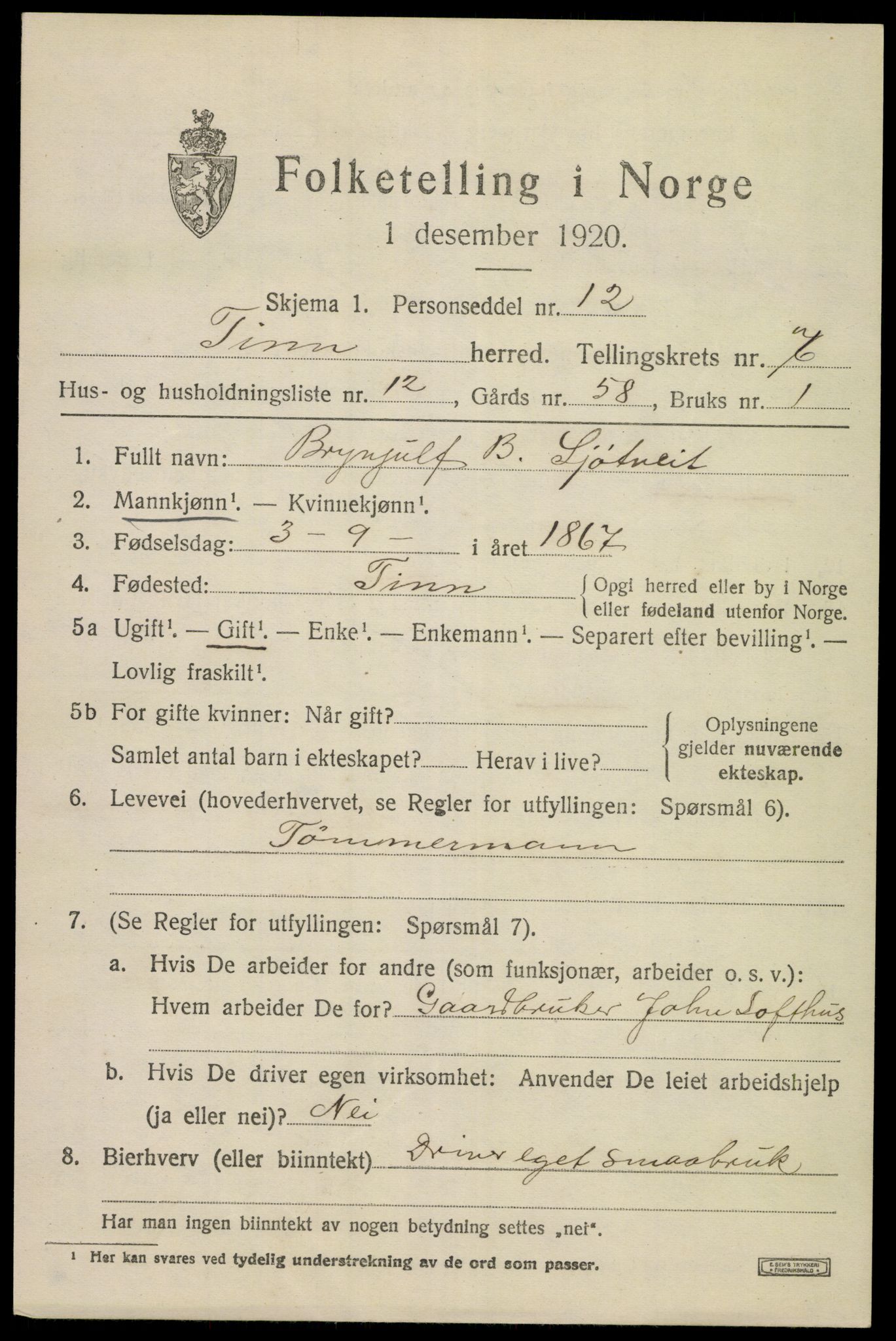 SAKO, 1920 census for Tinn, 1920, p. 4652