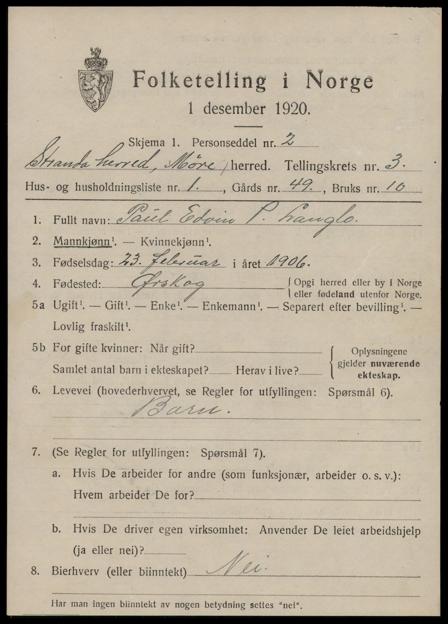 SAT, 1920 census for Stranda, 1920, p. 1591