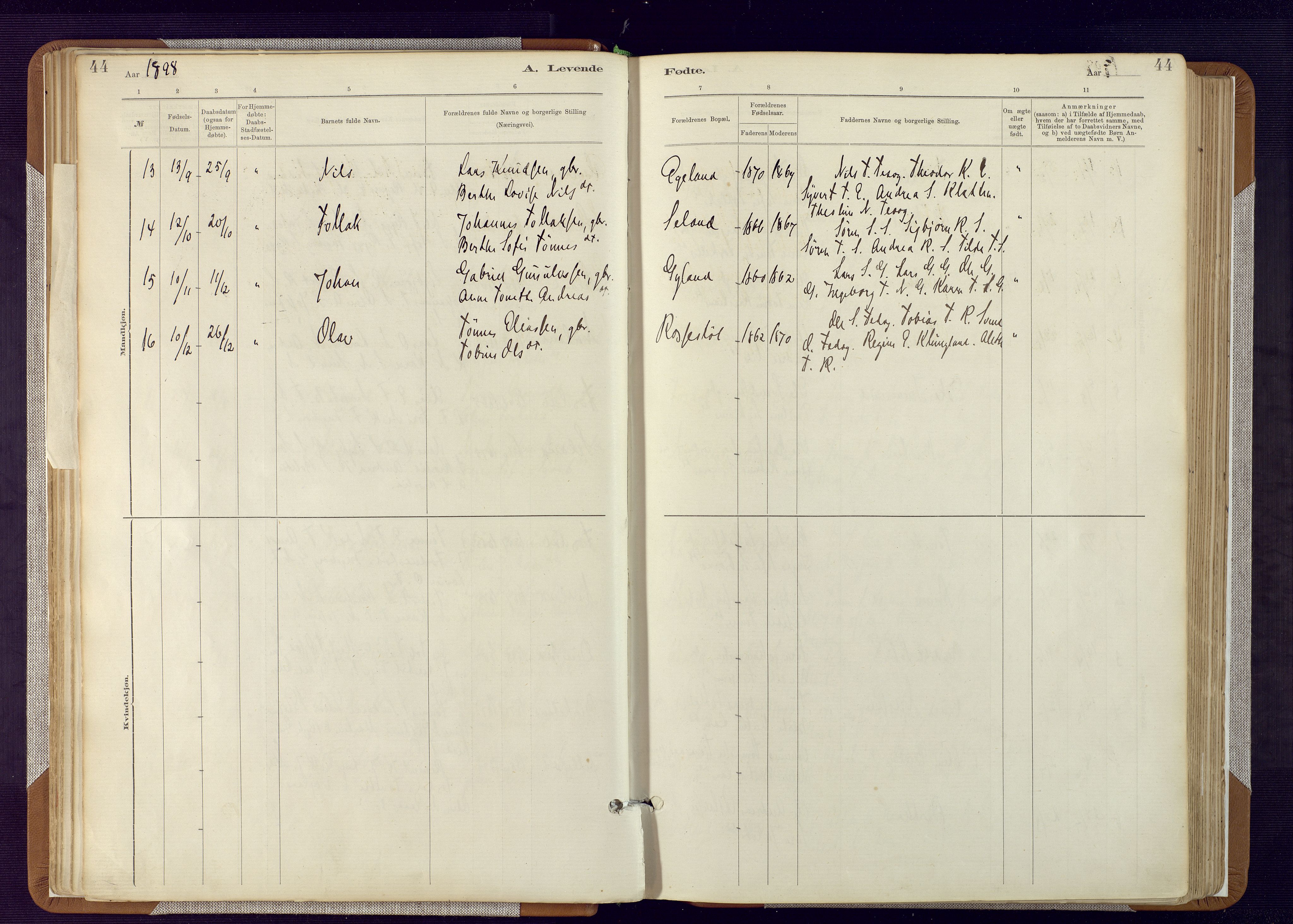 Bakke sokneprestkontor, AV/SAK-1111-0002/F/Fa/Fab/L0003: Parish register (official) no. A 3, 1884-1921, p. 44