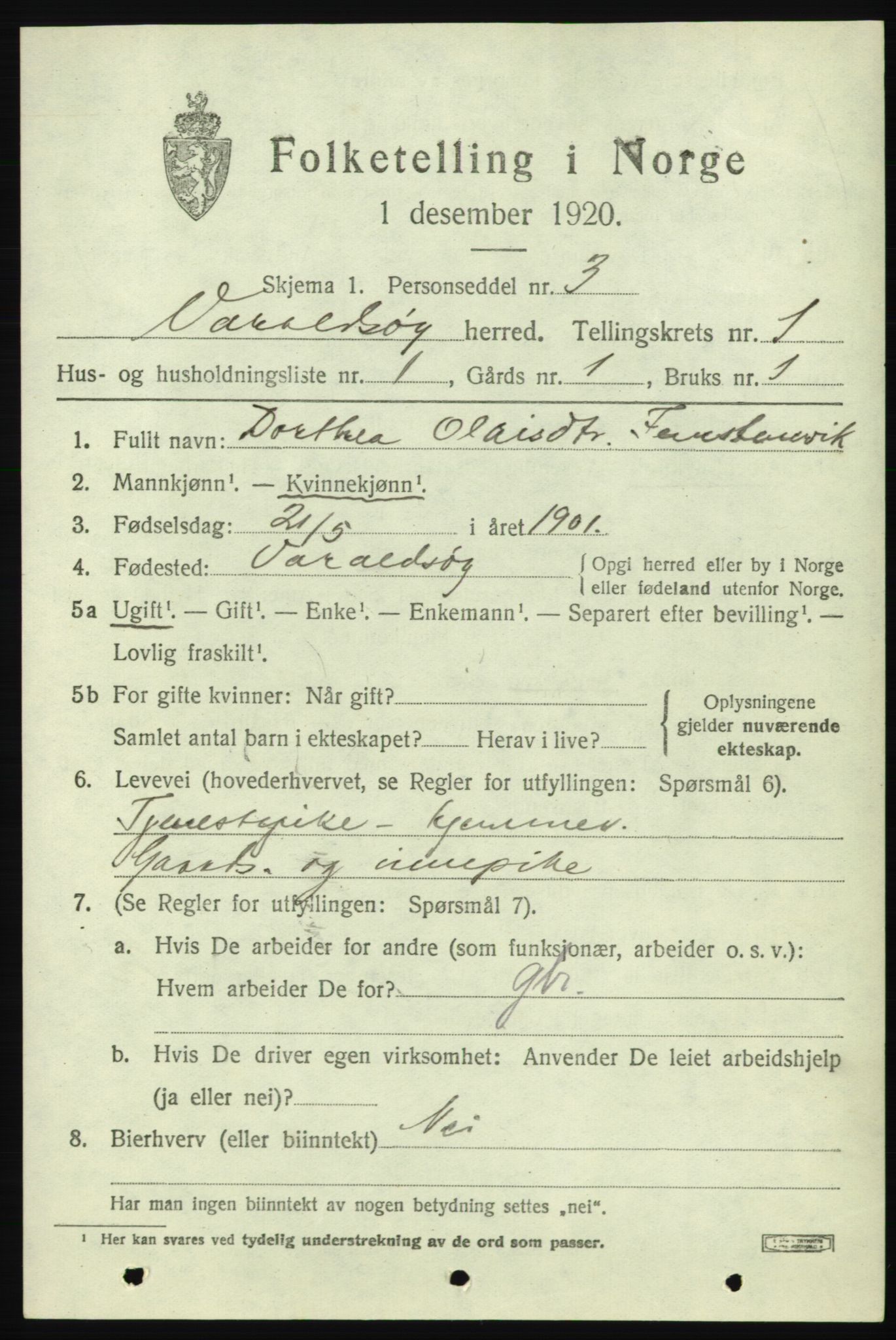 SAB, 1920 census for Varaldsøy, 1920, p. 603