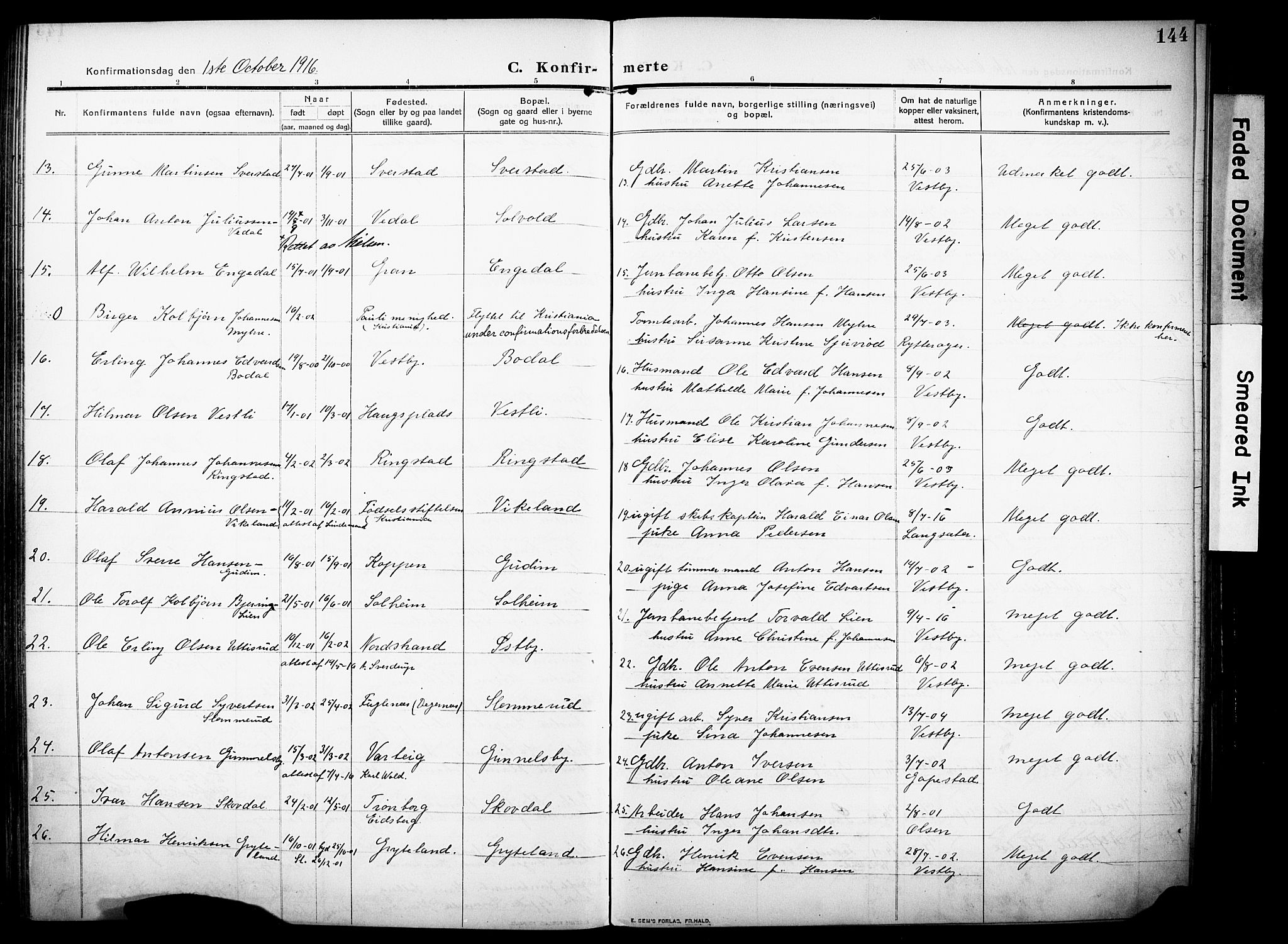 Rakkestad prestekontor Kirkebøker, AV/SAO-A-2008/F/Fa/L0015: Parish register (official) no. I 15, 1909-1922, p. 144