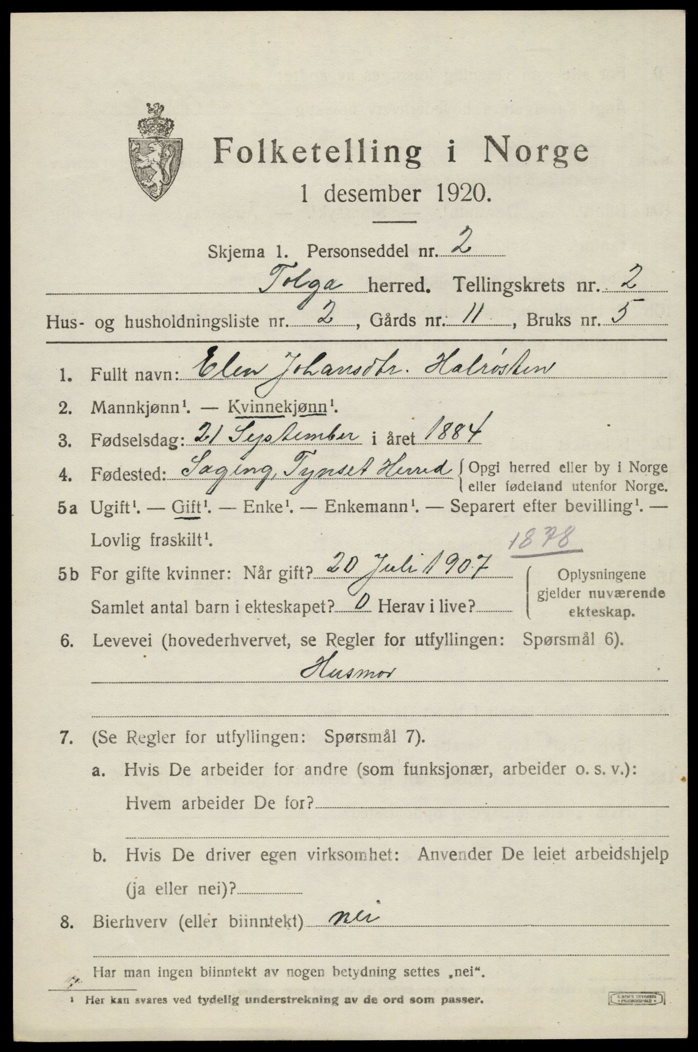 SAH, 1920 census for Tolga, 1920, p. 1675