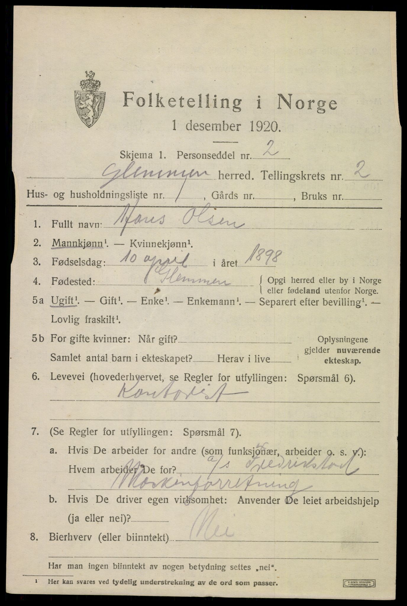 SAO, 1920 census for Glemmen, 1920, p. 4133