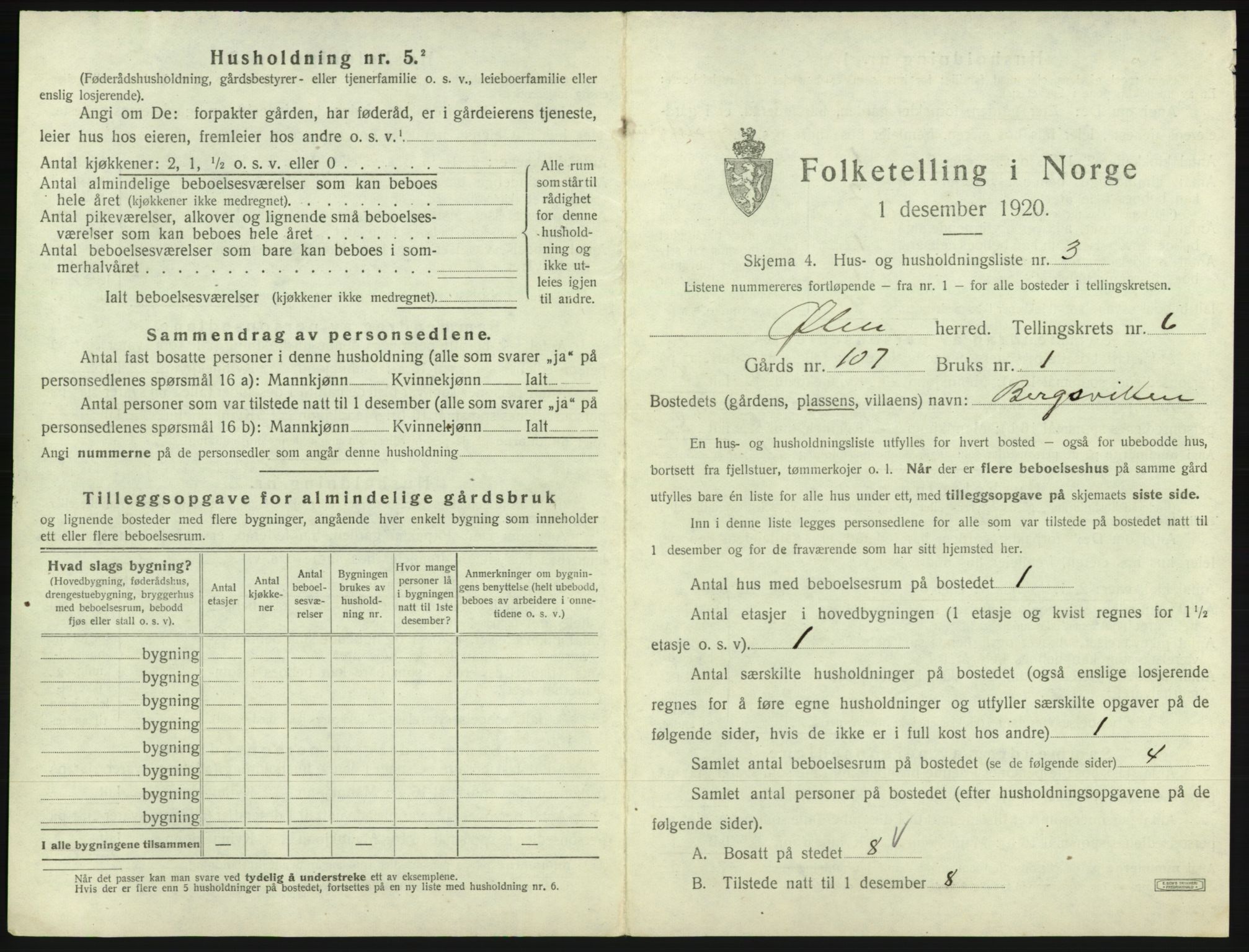 SAB, 1920 census for Ølen, 1920, p. 452