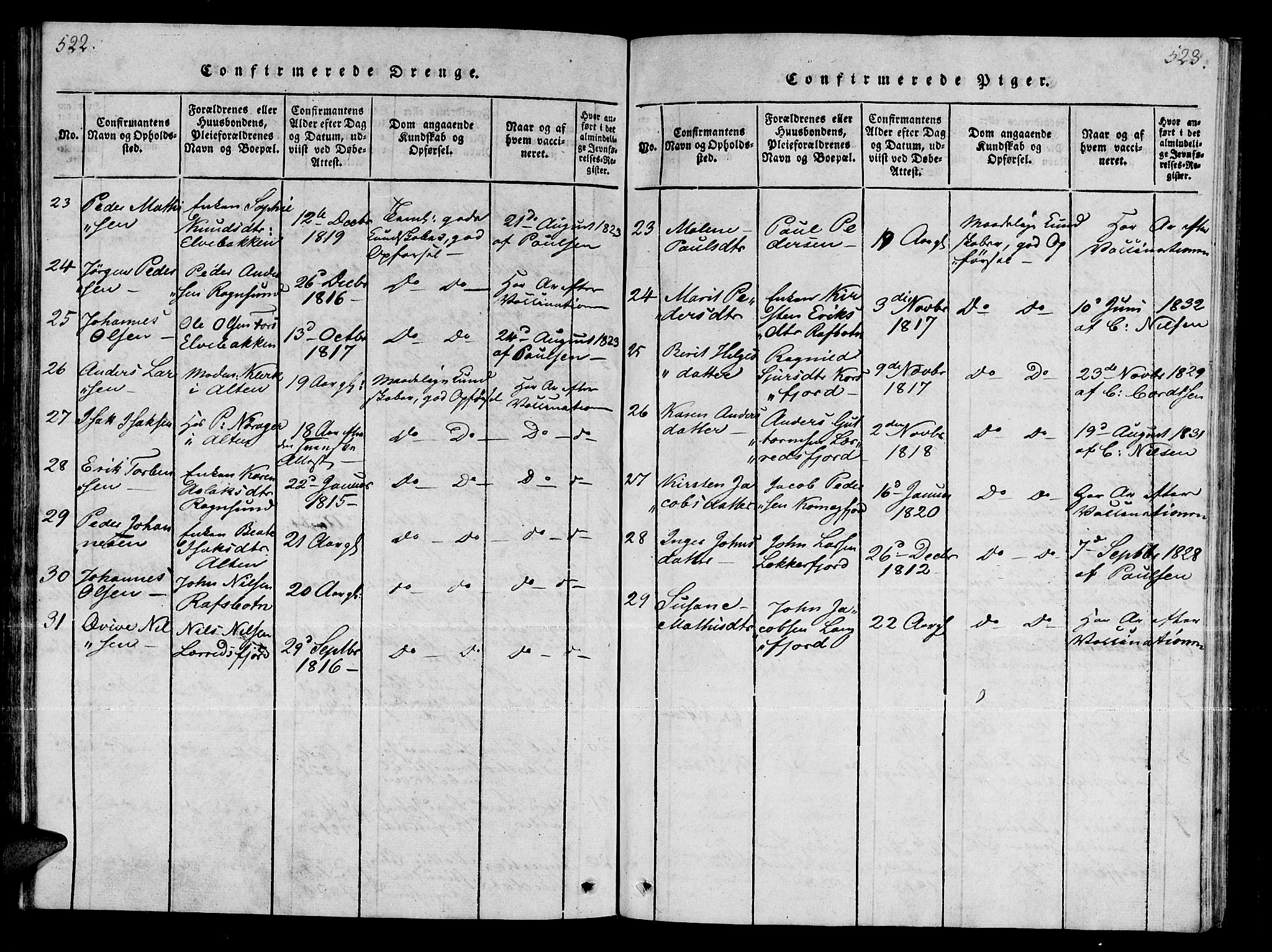 Talvik sokneprestkontor, AV/SATØ-S-1337/H/Ha/L0008kirke: Parish register (official) no. 8, 1821-1837, p. 522-523