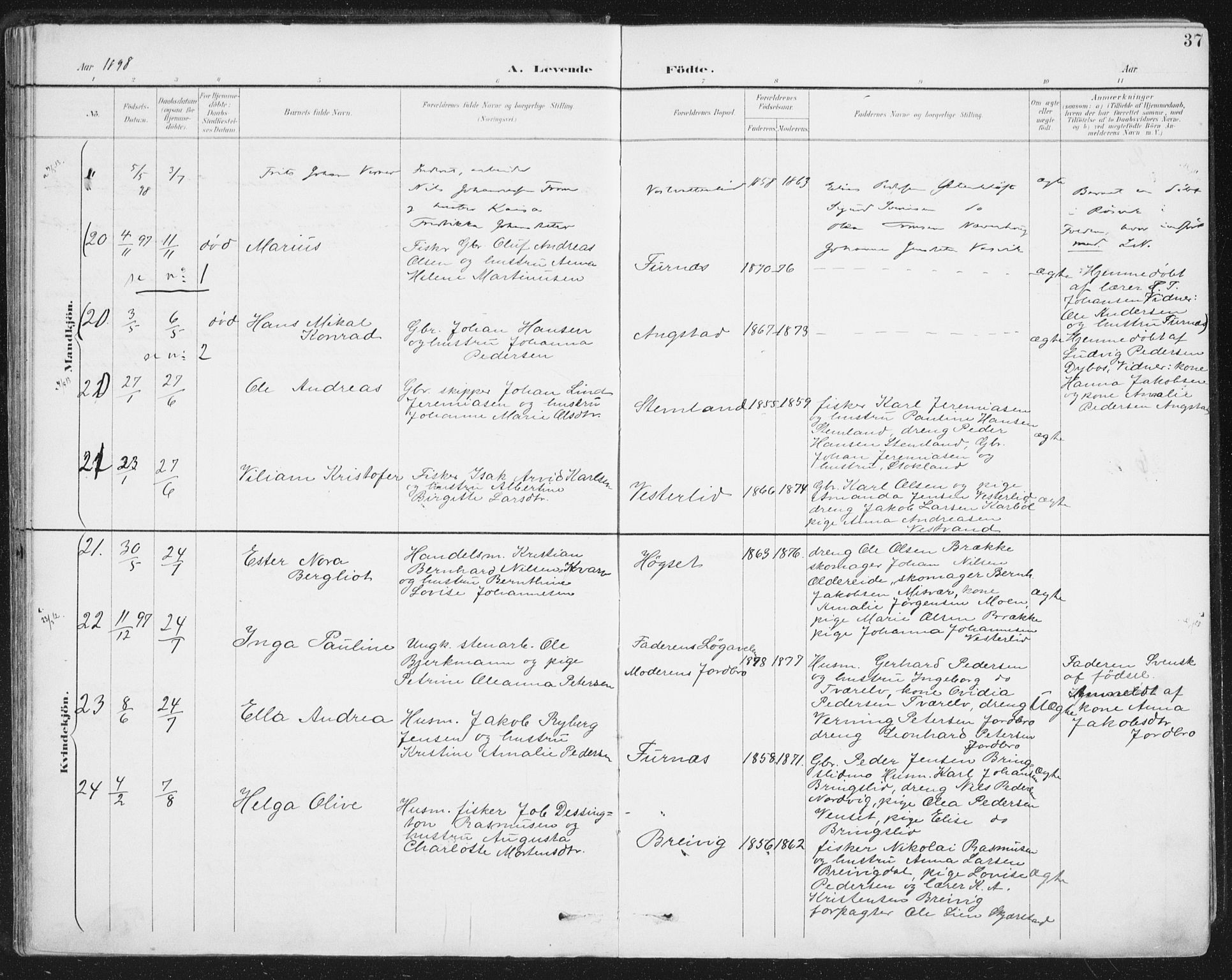 Ministerialprotokoller, klokkerbøker og fødselsregistre - Nordland, AV/SAT-A-1459/852/L0741: Parish register (official) no. 852A11, 1894-1917, p. 37