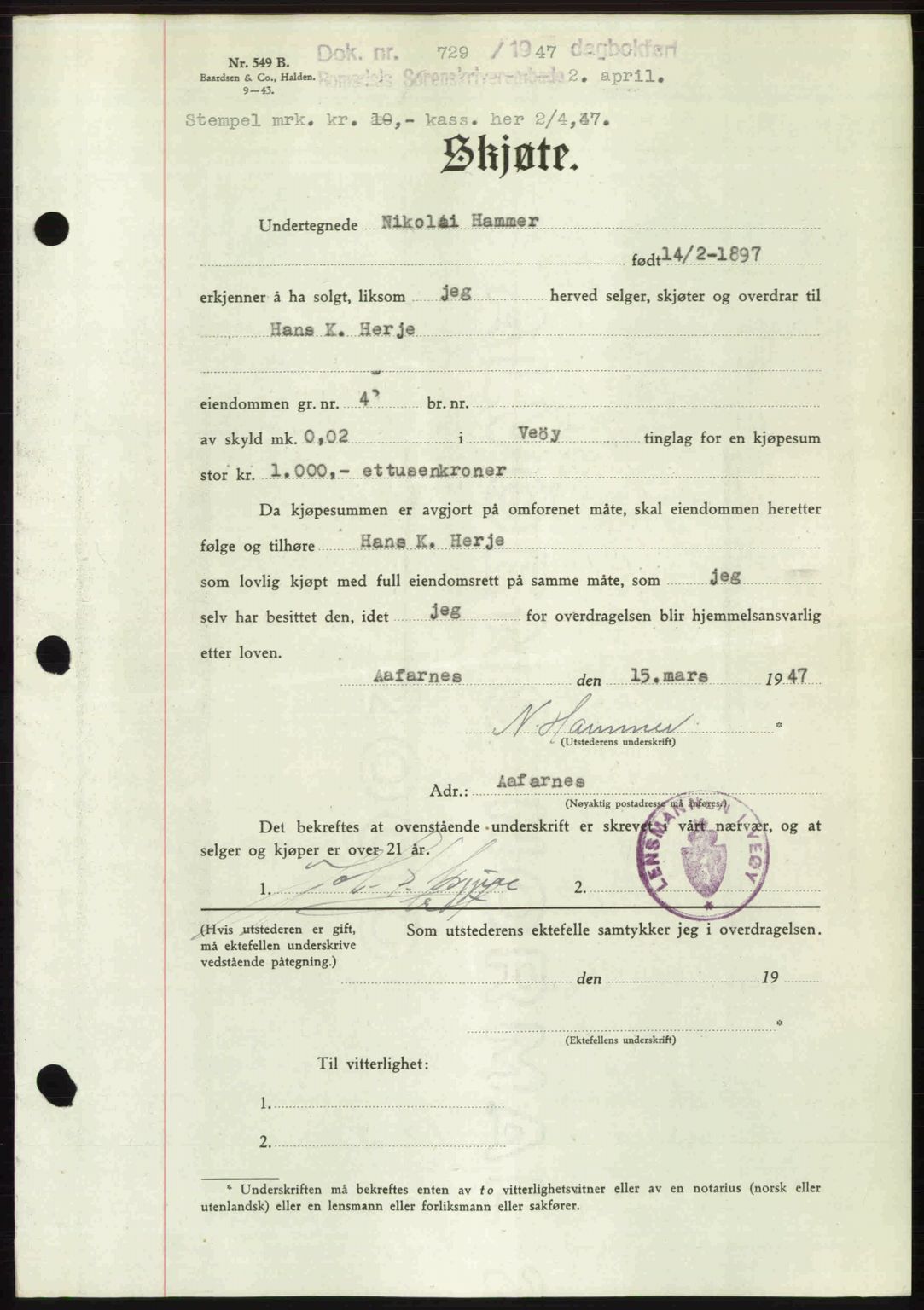 Romsdal sorenskriveri, AV/SAT-A-4149/1/2/2C: Mortgage book no. A22, 1947-1947, Diary no: : 729/1947