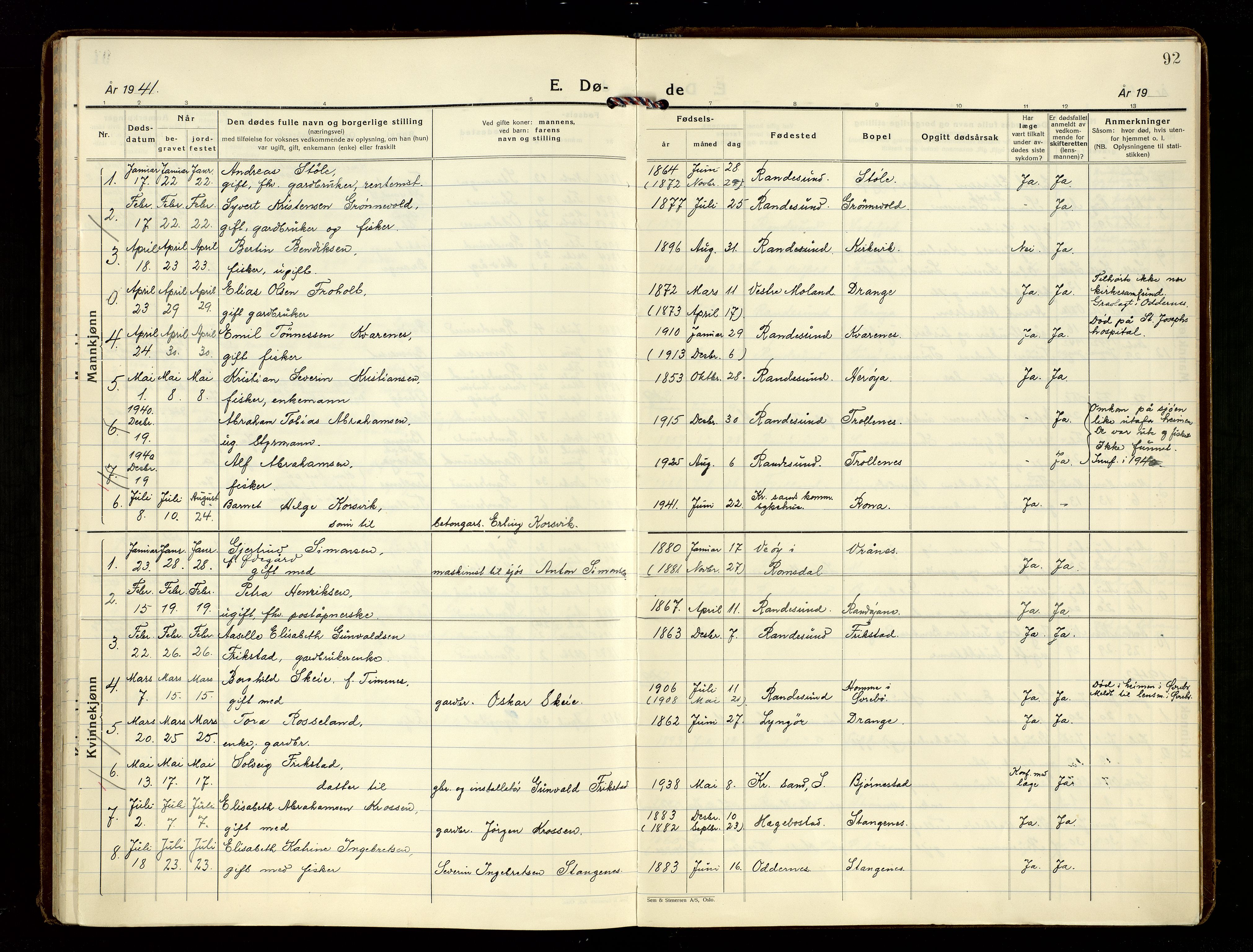 Oddernes sokneprestkontor, AV/SAK-1111-0033/F/Fa/Fab/L0005: Parish register (official) no. A 5, 1935-1954, p. 92