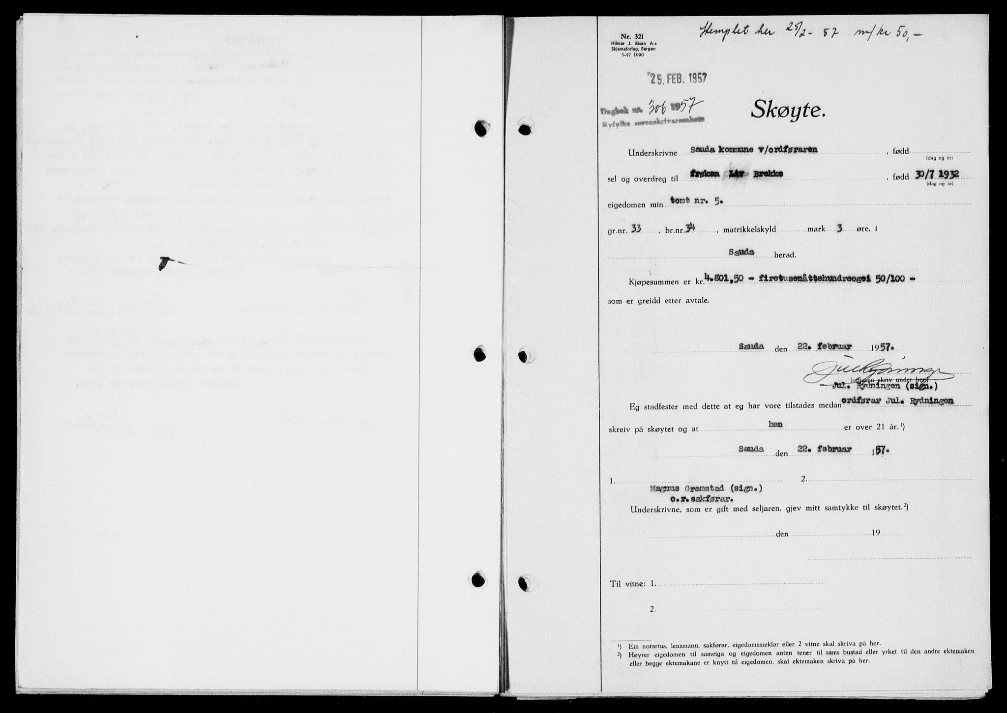 Ryfylke tingrett, AV/SAST-A-100055/001/II/IIB/L0135: Mortgage book no. 114, 1956-1957, Diary no: : 306/1957