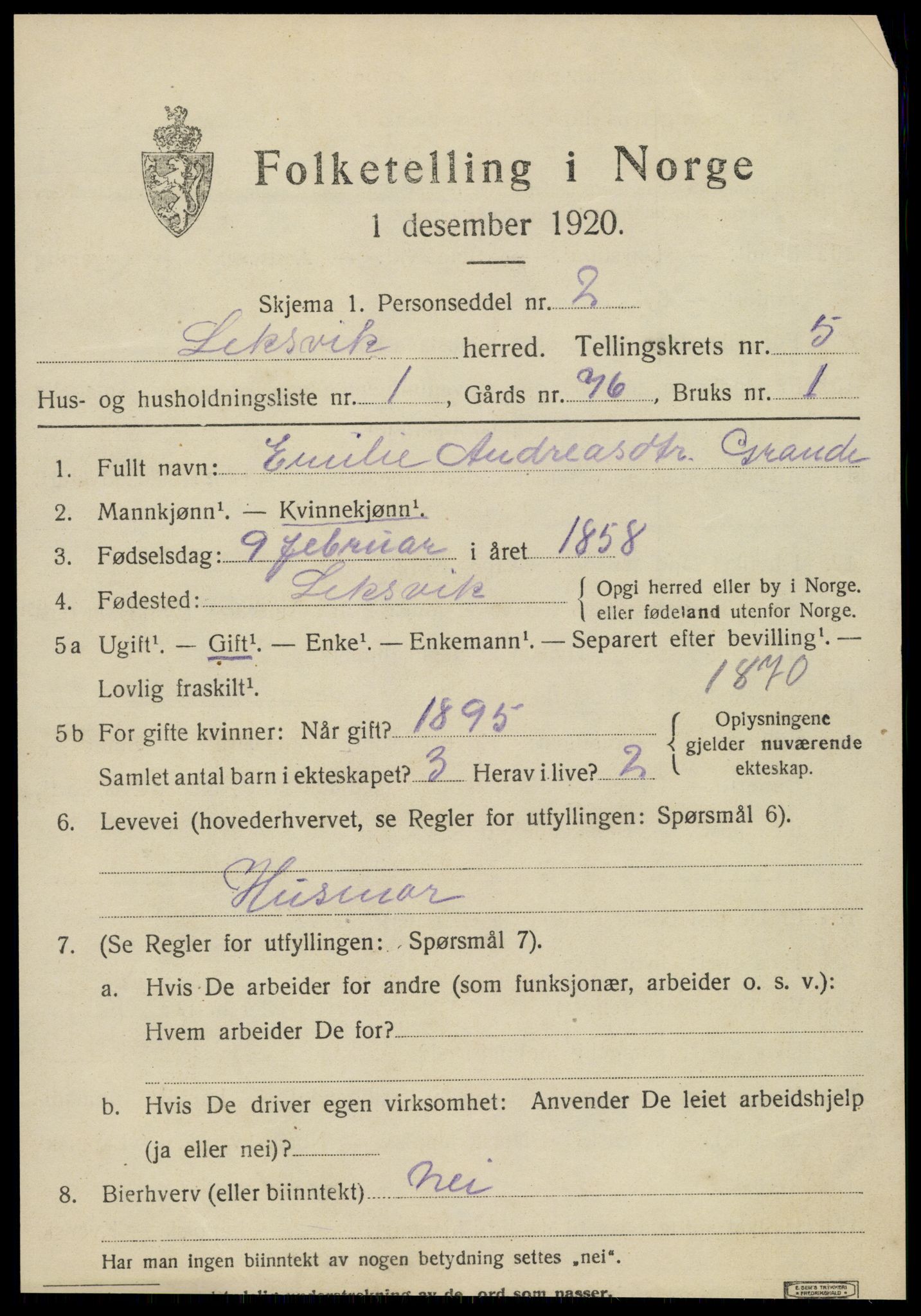 SAT, 1920 census for Leksvik, 1920, p. 4818