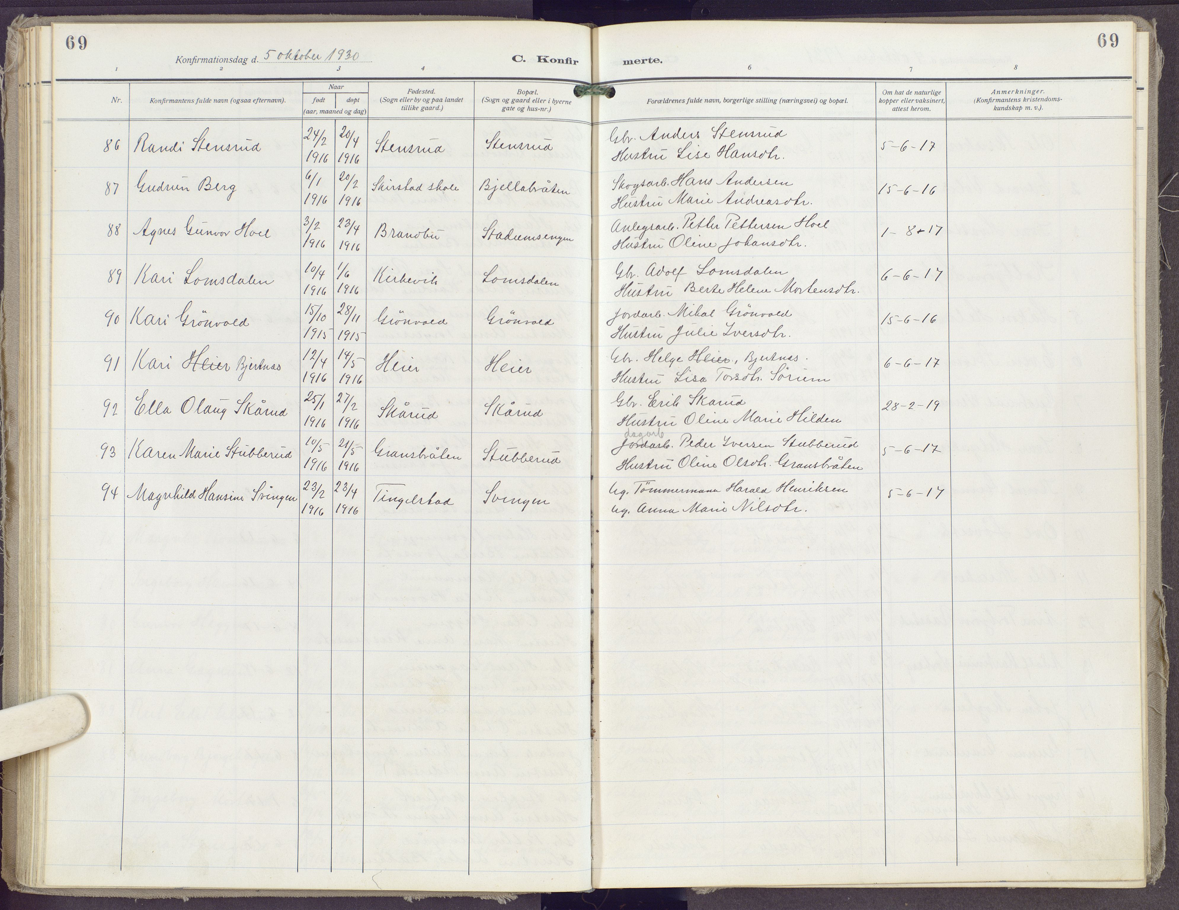 Gran prestekontor, SAH/PREST-112/H/Ha/Haa/L0023: Parish register (official) no. 23, 1919-1938, p. 69
