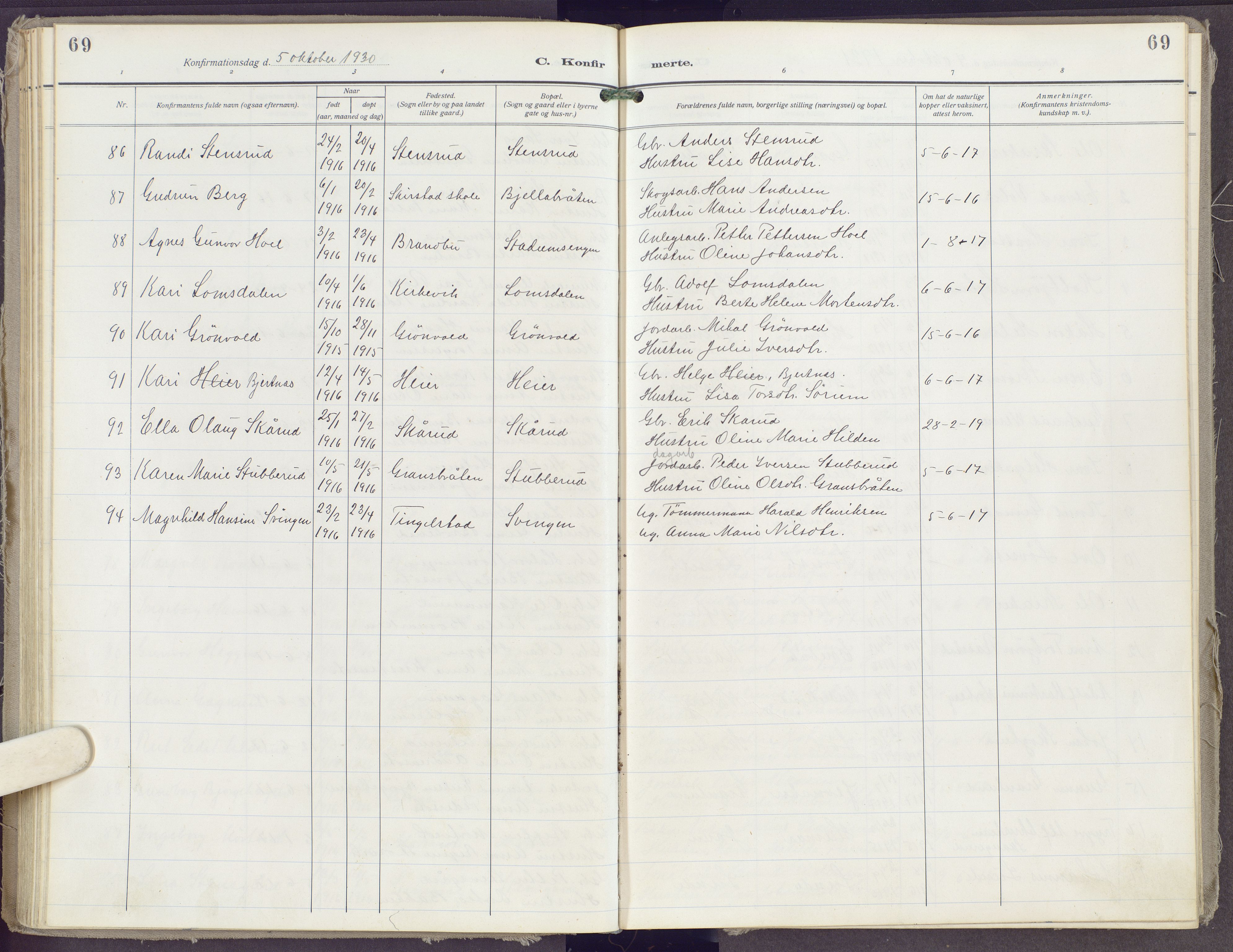 Gran prestekontor, AV/SAH-PREST-112/H/Ha/Haa/L0023: Parish register (official) no. 23, 1919-1938, p. 69