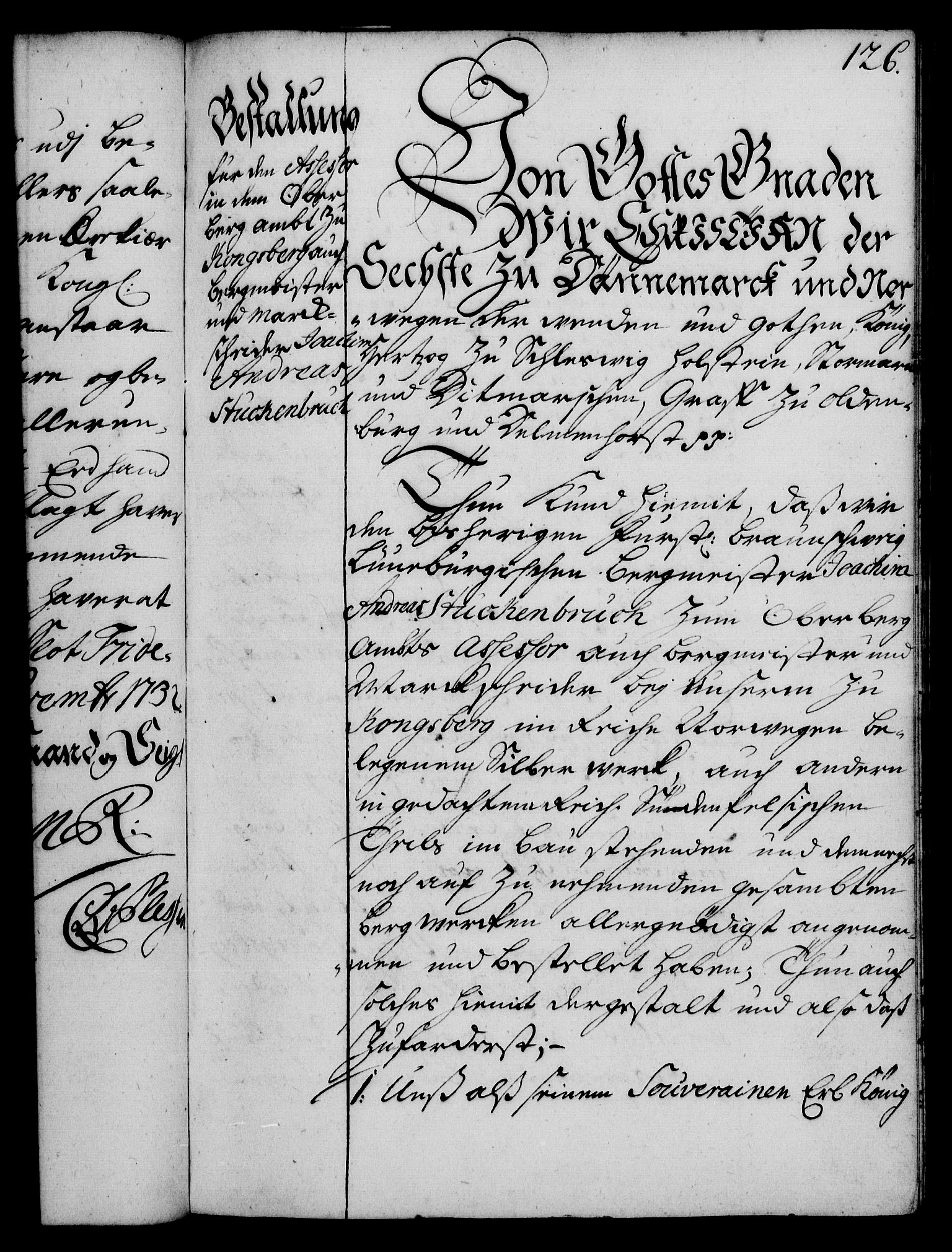 Rentekammeret, Kammerkanselliet, RA/EA-3111/G/Gg/Gge/L0002: Norsk bestallingsprotokoll med register (merket RK 53.26), 1730-1744, p. 126
