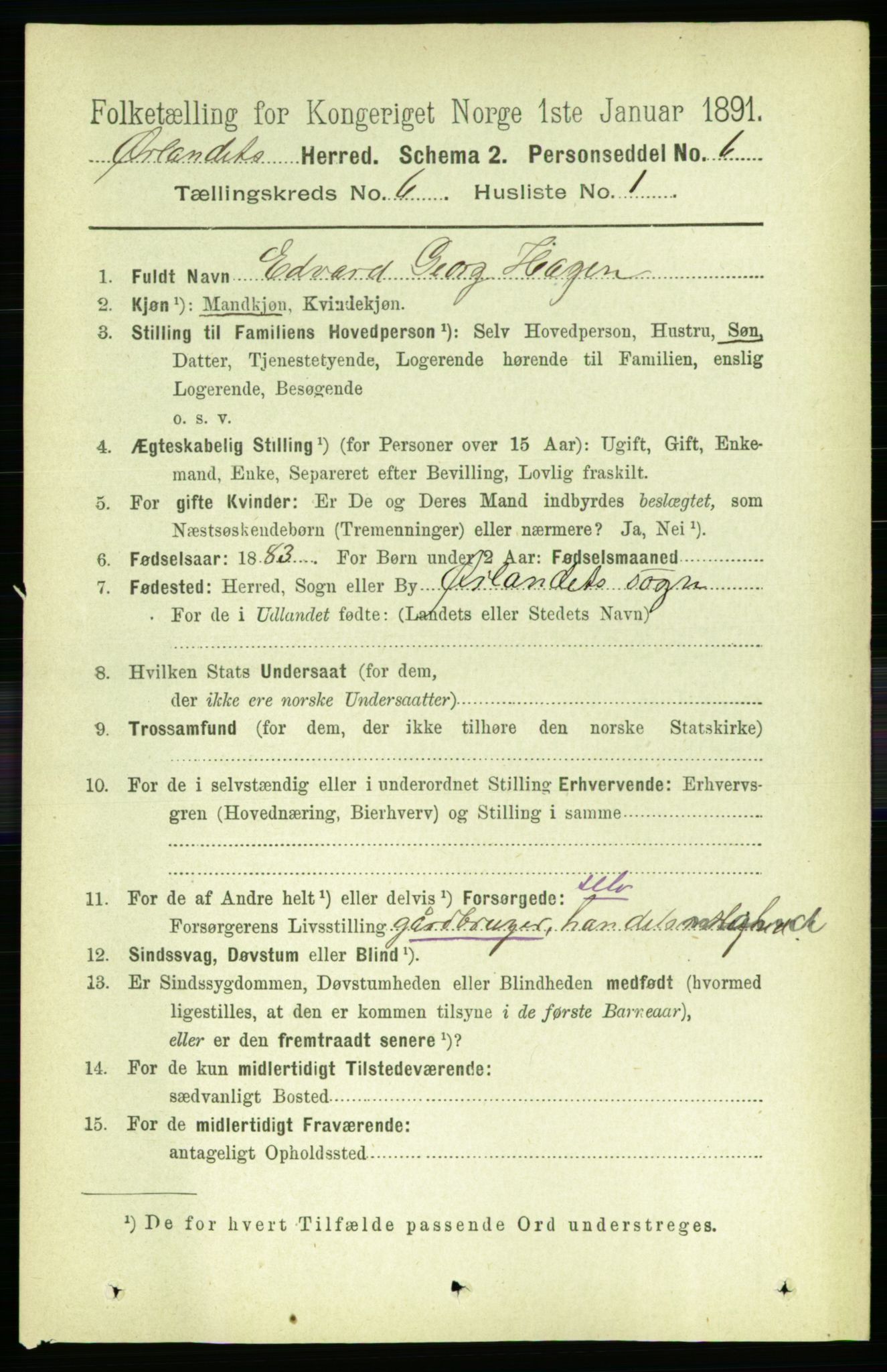 RA, 1891 census for 1621 Ørland, 1891, p. 1845