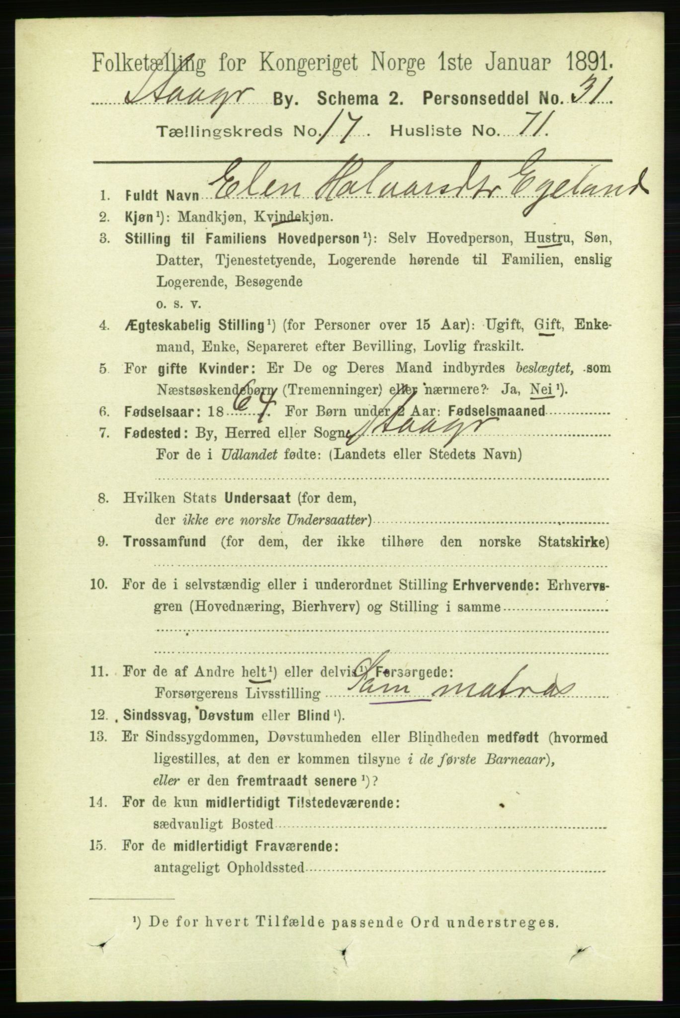 RA, 1891 census for 1103 Stavanger, 1891, p. 20727