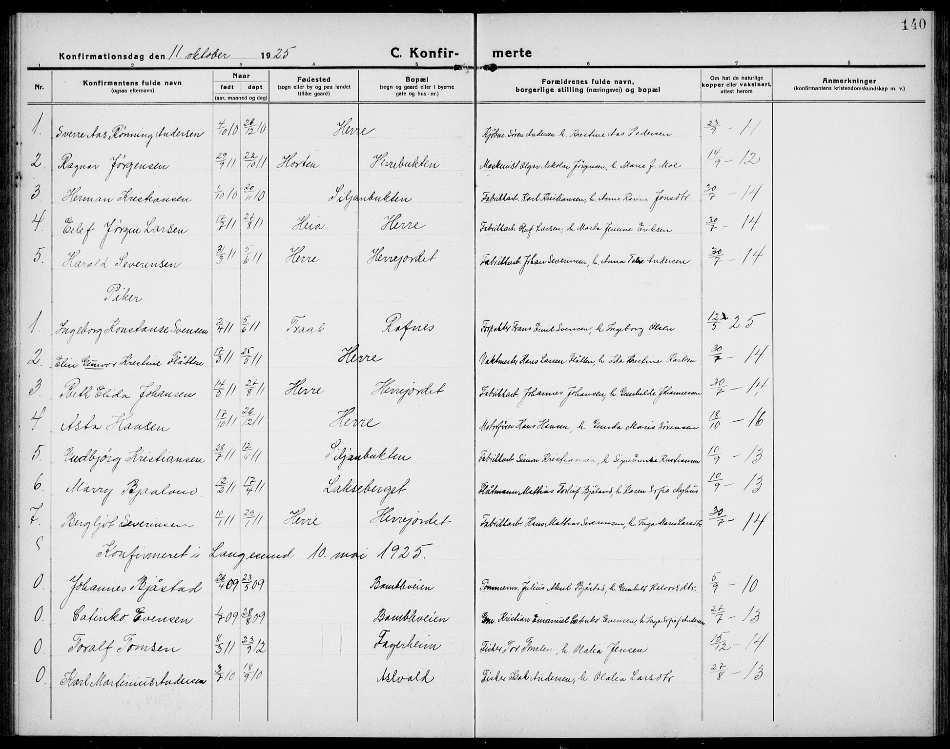 Bamble kirkebøker, SAKO/A-253/G/Ga/L0011: Parish register (copy) no. I 11, 1920-1935, p. 140