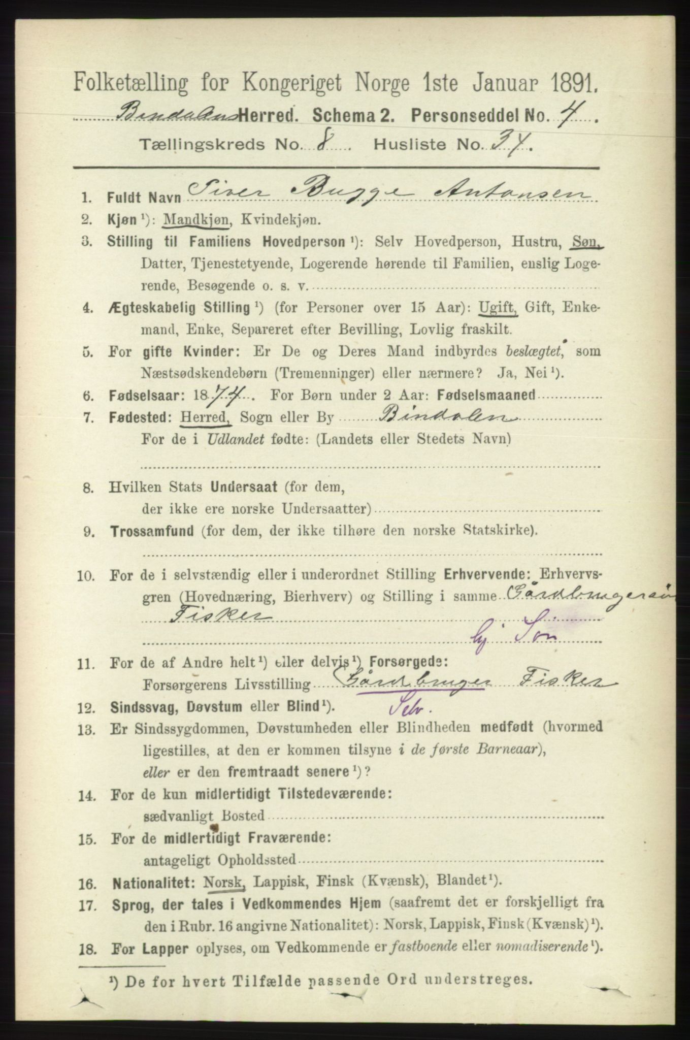 RA, 1891 census for 1811 Bindal, 1891, p. 2819