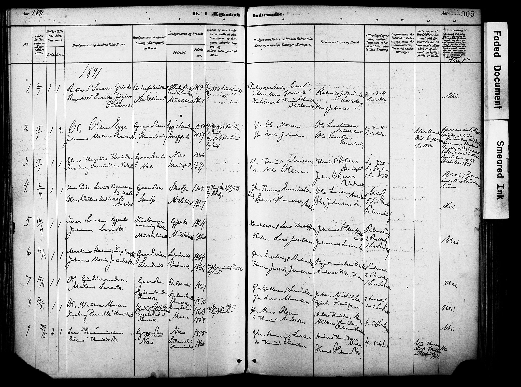 Eid sokneprestembete, SAB/A-82301/H/Haa/Haab/L0001: Parish register (official) no. B 1, 1879-1906, p. 305