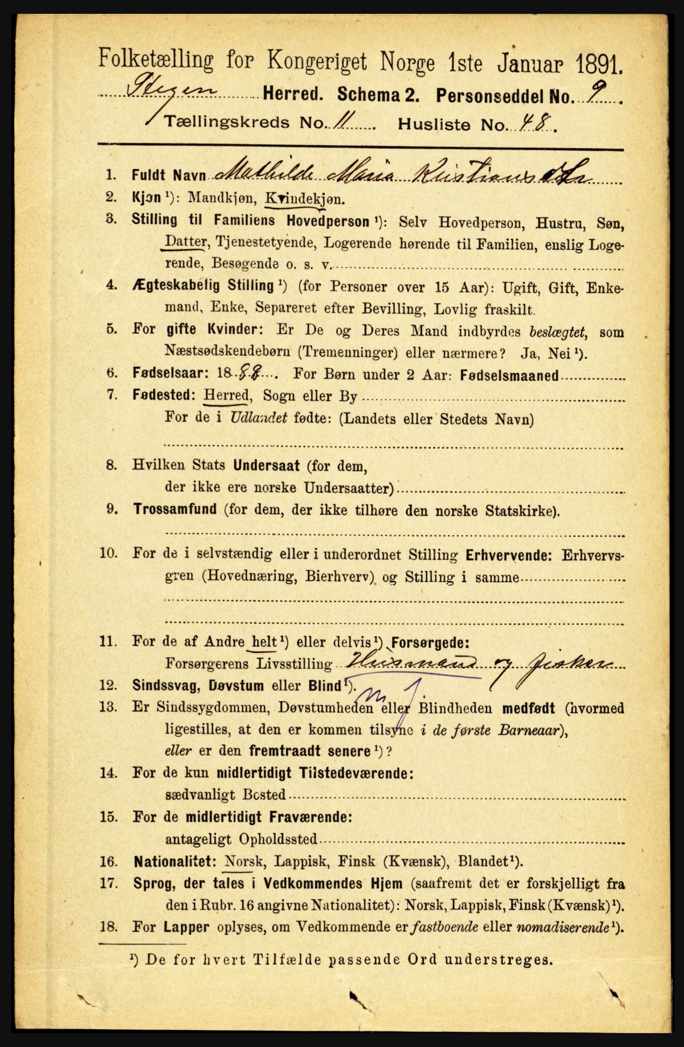 RA, 1891 census for 1848 Steigen, 1891, p. 4068