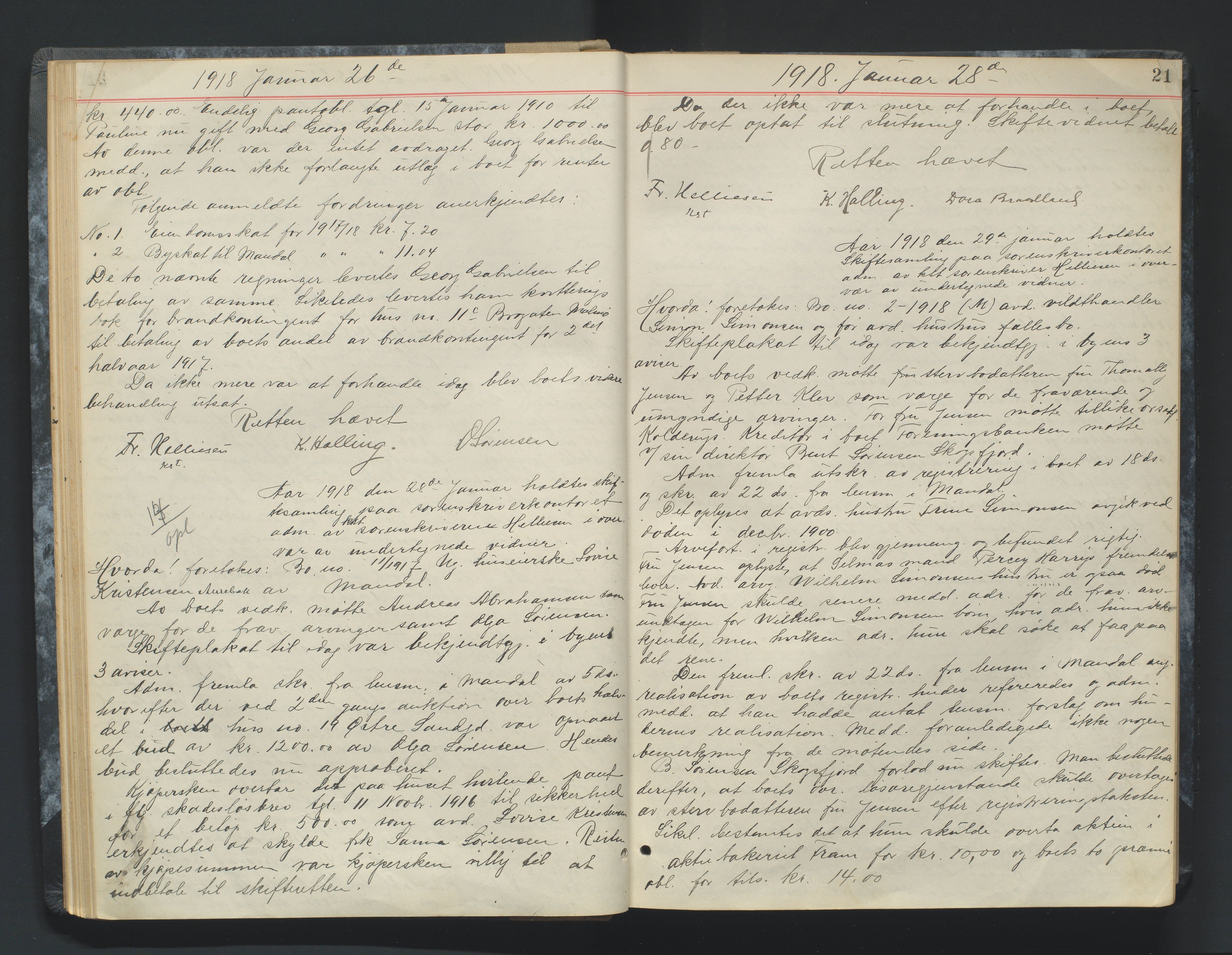 Mandal sorenskriveri, AV/SAK-1221-0005/001/H/Hc/L0083: Skifteforhandlingsprotokoll nr 15, 1917-1921, p. 21