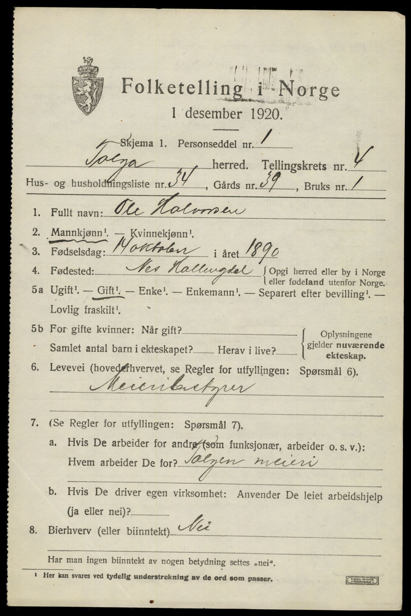 SAH, 1920 census for Tolga, 1920, p. 2973