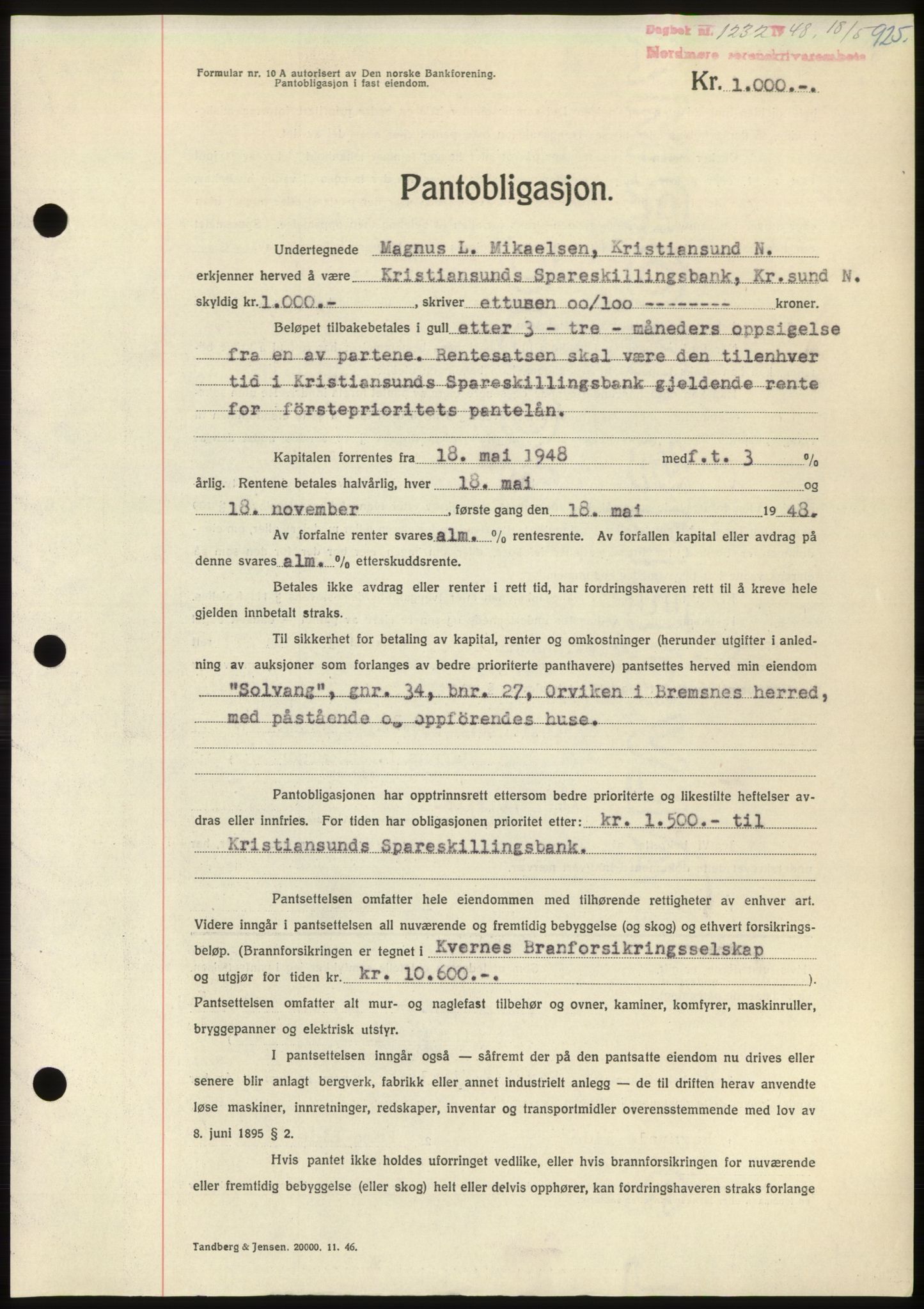 Nordmøre sorenskriveri, AV/SAT-A-4132/1/2/2Ca: Mortgage book no. B98, 1948-1948, Diary no: : 1232/1948