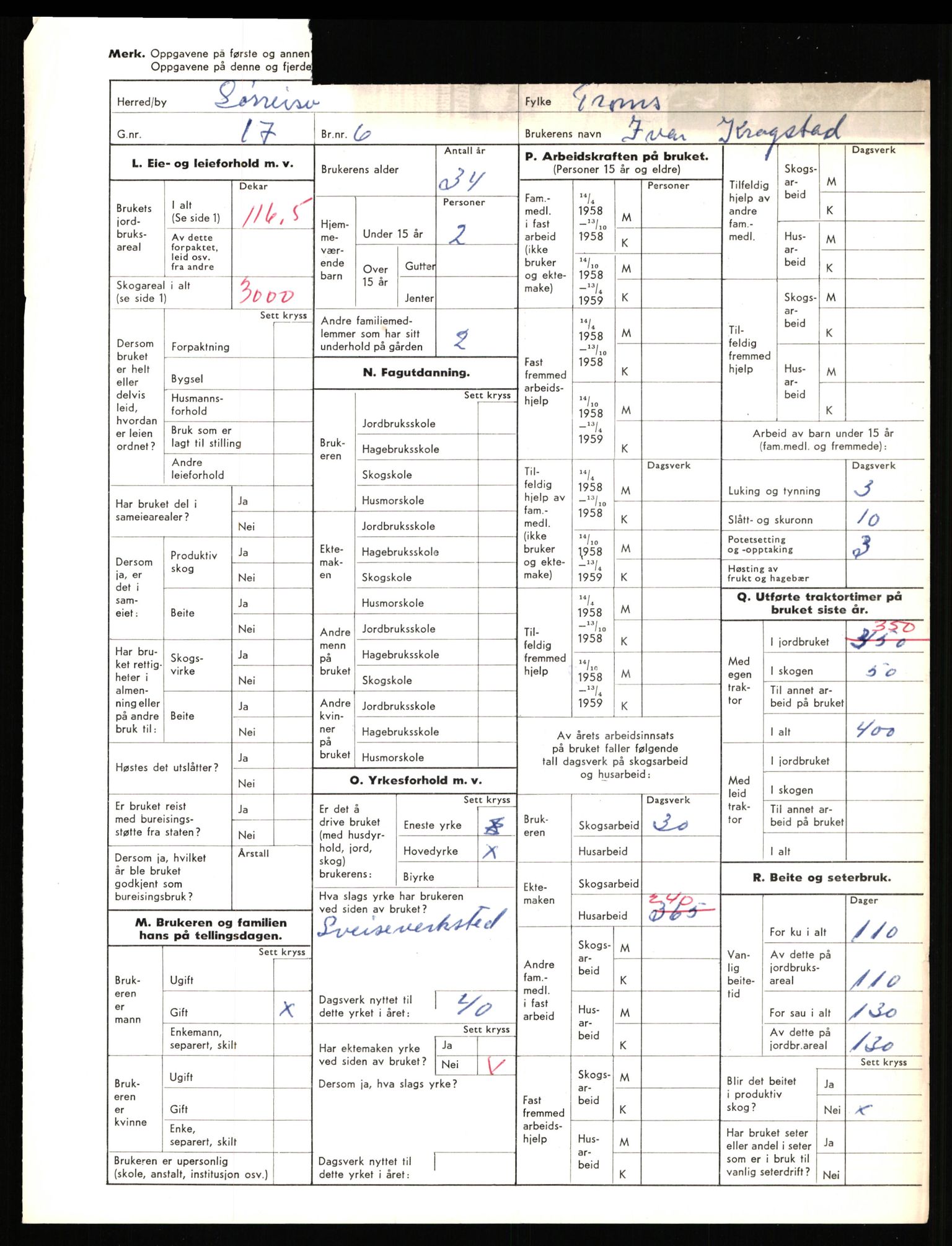 Statistisk sentralbyrå, Næringsøkonomiske emner, Jordbruk, skogbruk, jakt, fiske og fangst, AV/RA-S-2234/G/Gd/L0656: Troms: 1924 Målselv (kl. 0-3) og 1925 Sørreisa, 1959, p. 2149