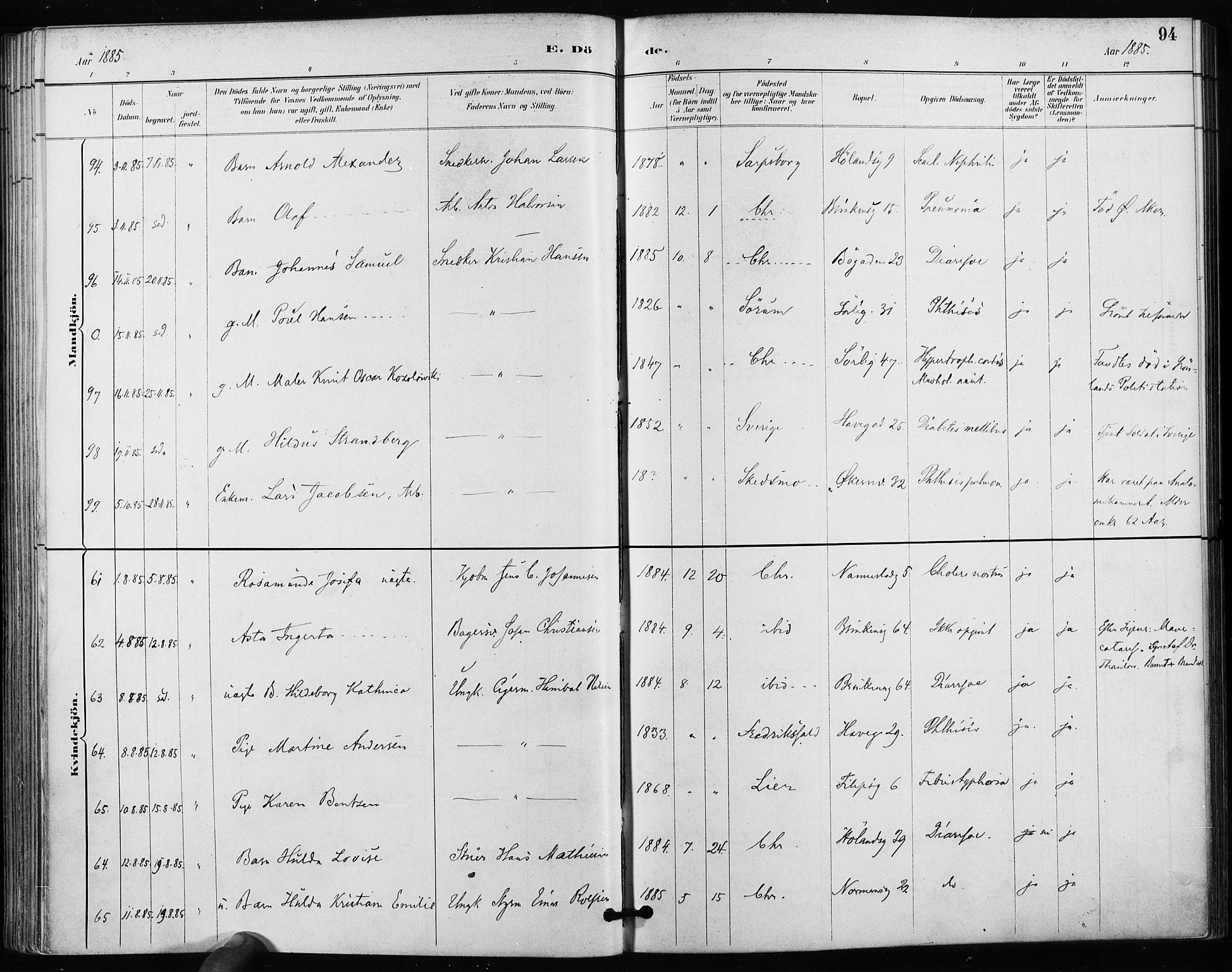 Kampen prestekontor Kirkebøker, AV/SAO-A-10853/F/Fa/L0004: Parish register (official) no. I 4, 1885-1892, p. 94