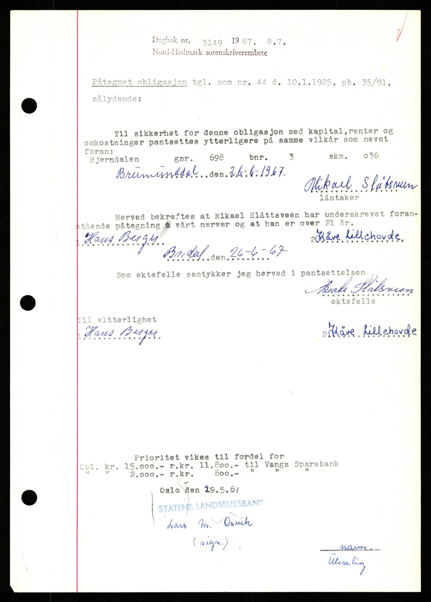 Nord-Hedmark sorenskriveri, SAH/TING-012/H/Hb/Hbf/L0071: Mortgage book no. B71, 1967-1967, Diary no: : 3149/1967