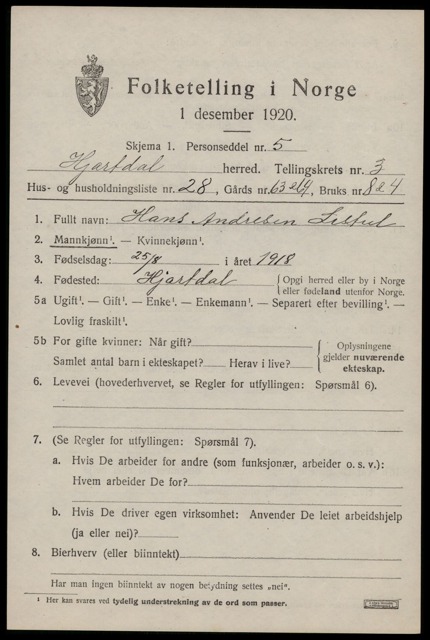 SAKO, 1920 census for Hjartdal, 1920, p. 2794