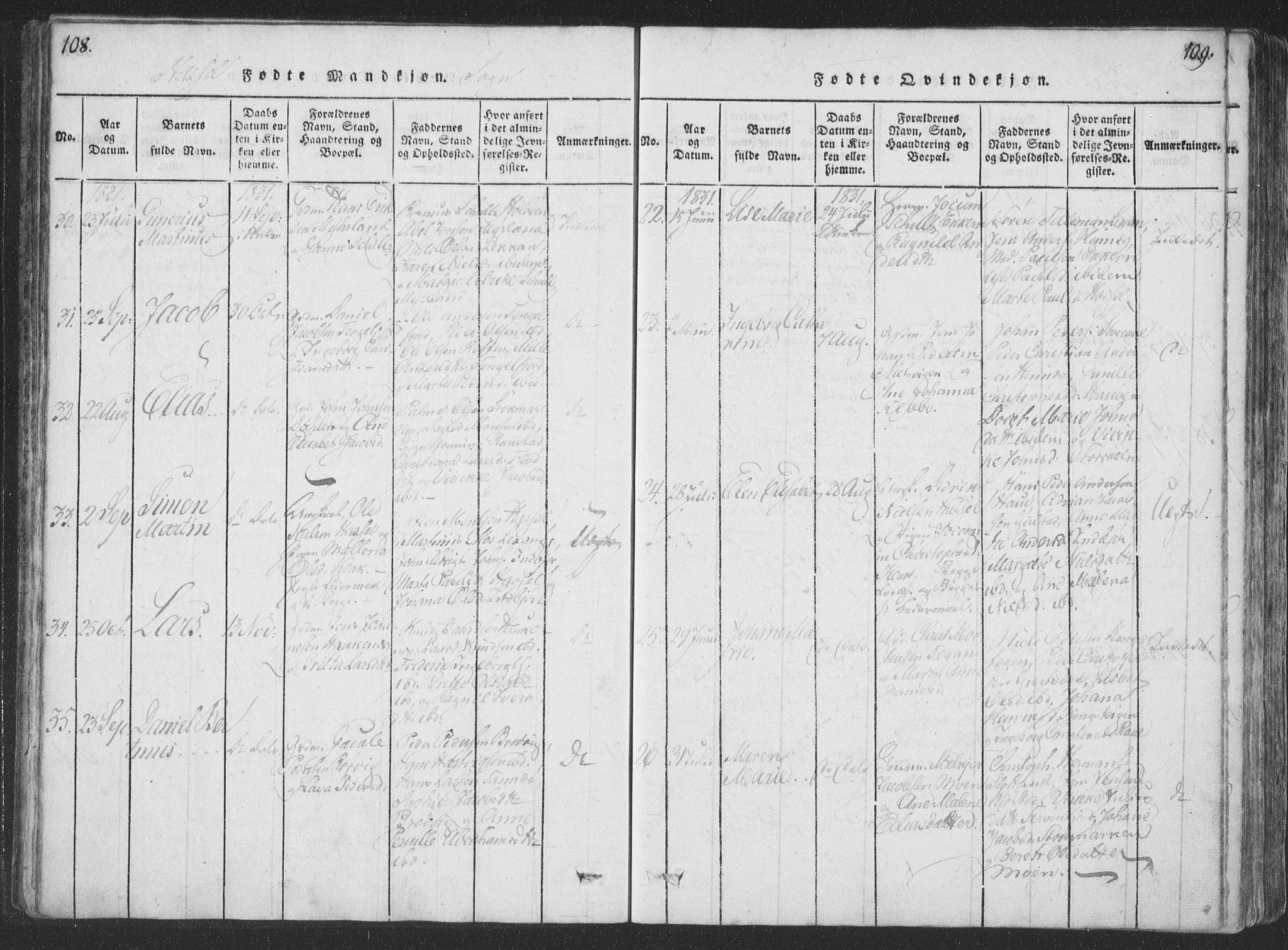 Ministerialprotokoller, klokkerbøker og fødselsregistre - Nordland, SAT/A-1459/888/L1262: Parish register (copy) no. 888C01, 1820-1836, p. 108-109