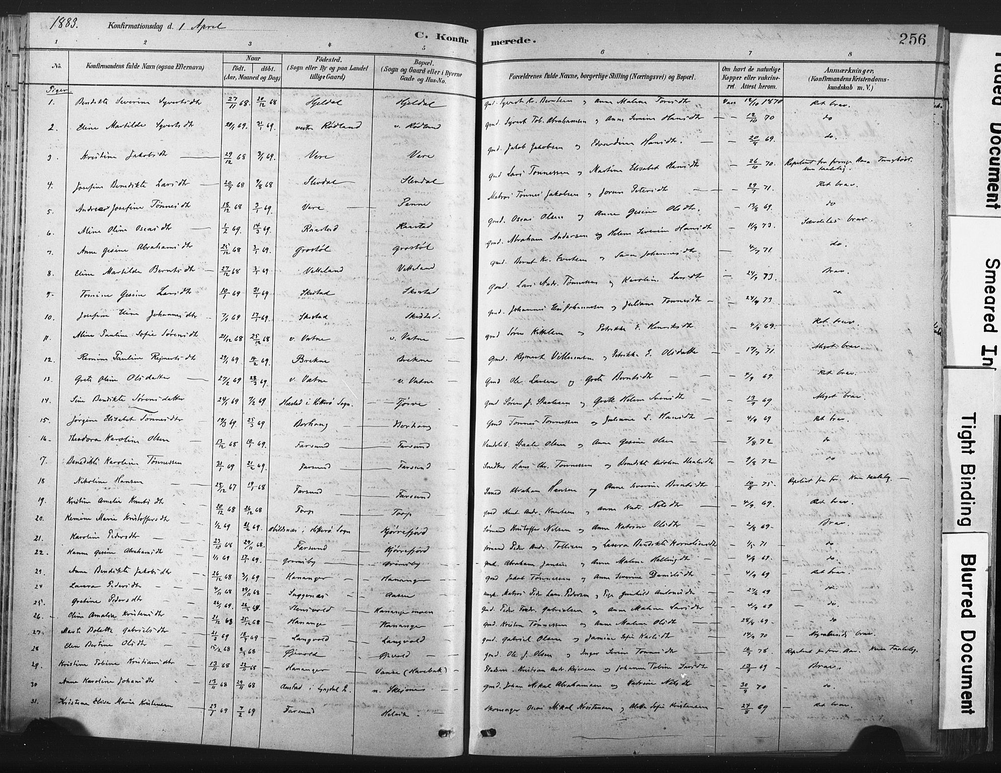 Lista sokneprestkontor, AV/SAK-1111-0027/F/Fa/L0012: Parish register (official) no. A 12, 1879-1903, p. 256